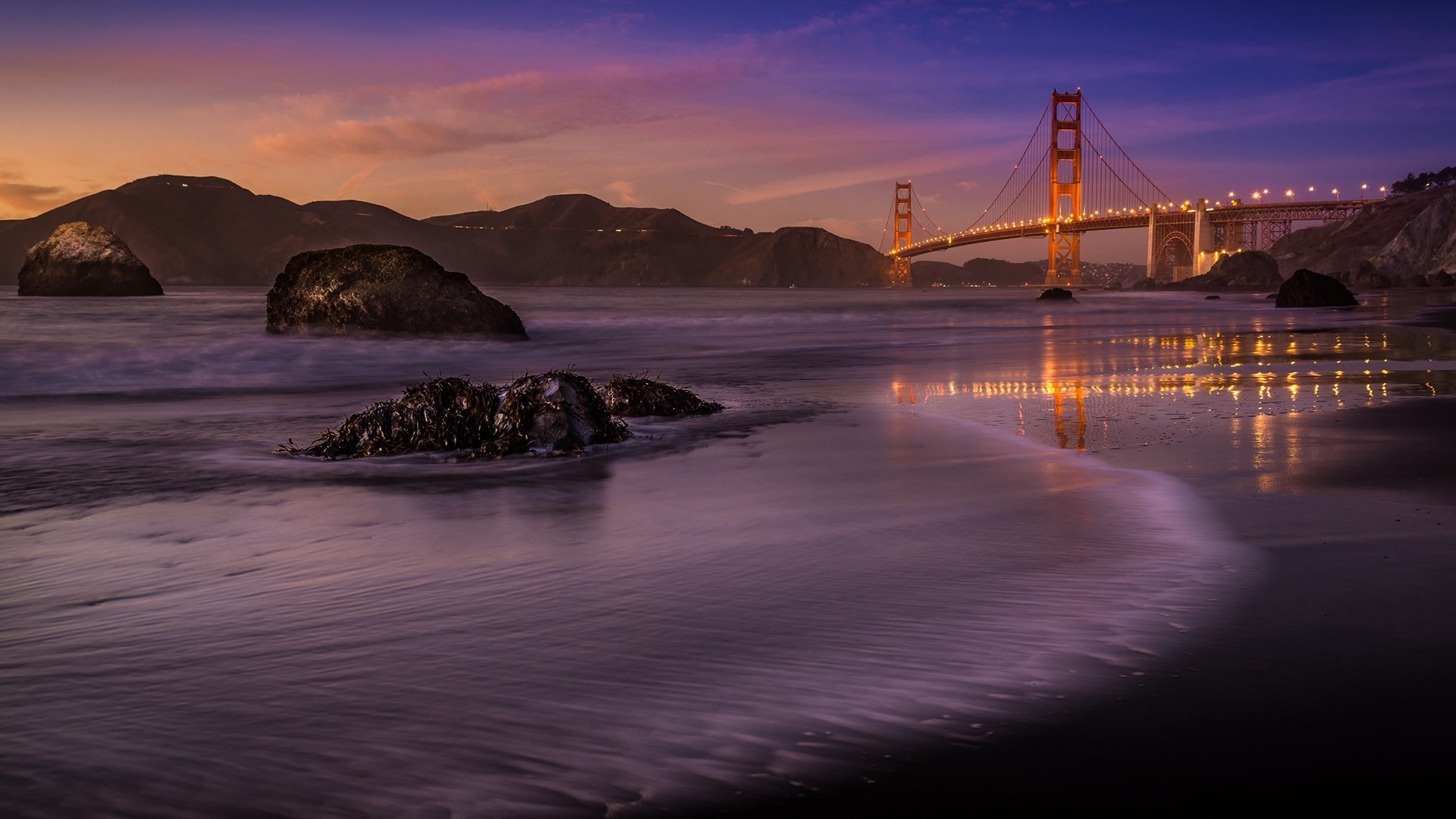 rock - object, cloud - sky, long exposure, bridge - man made structure, Golden Gate Bridge, outdoors, 1080P, sky, rock, sunset, built structure, sea, water, HD Wallpaper
