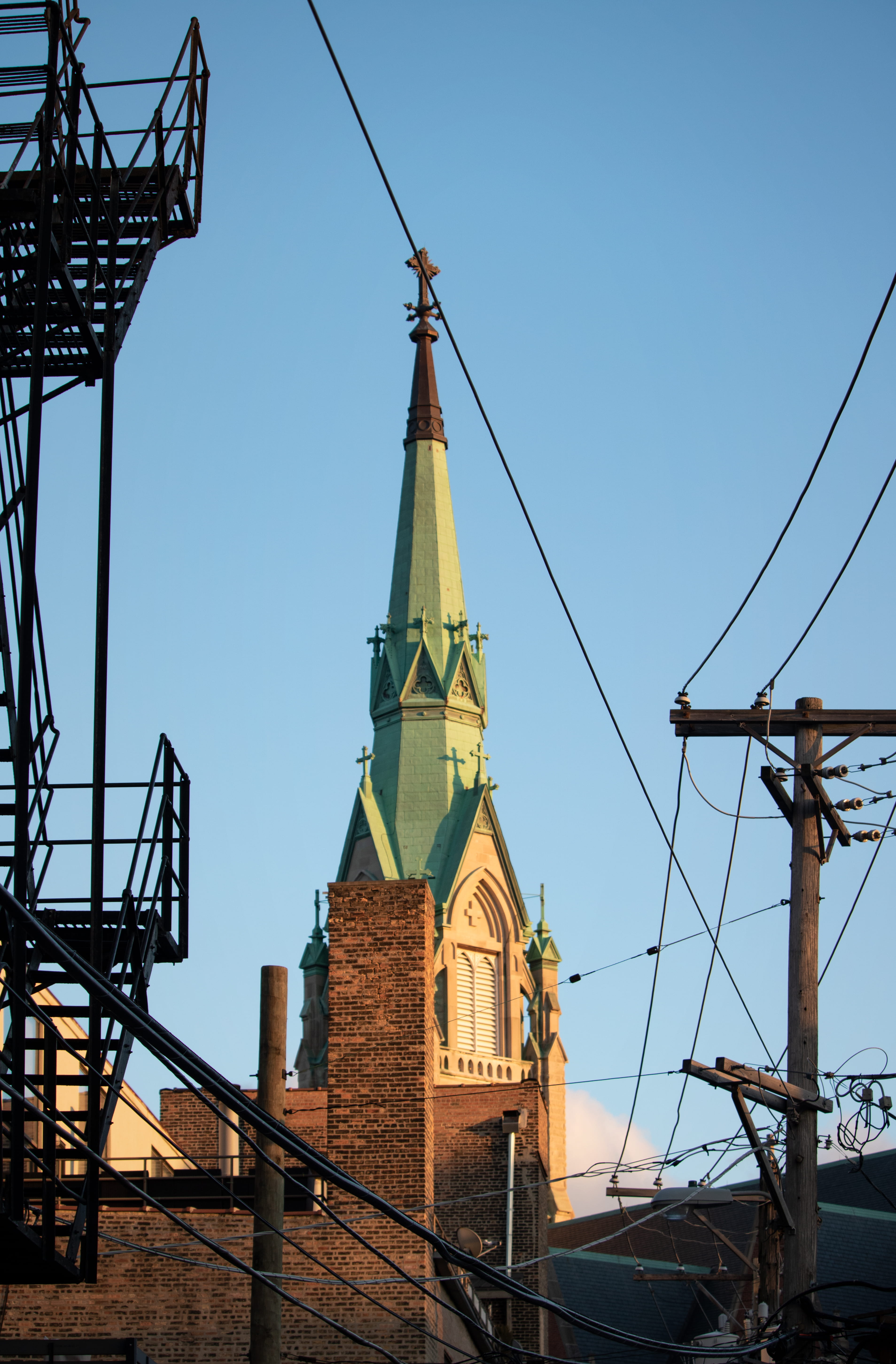 no people, low angle view, dusk, religion, back, cross, day, place of worship, power lines, blue, chicago, machinery, 5K, roof, alley, city, tower, sky, Phone HD Wallpaper