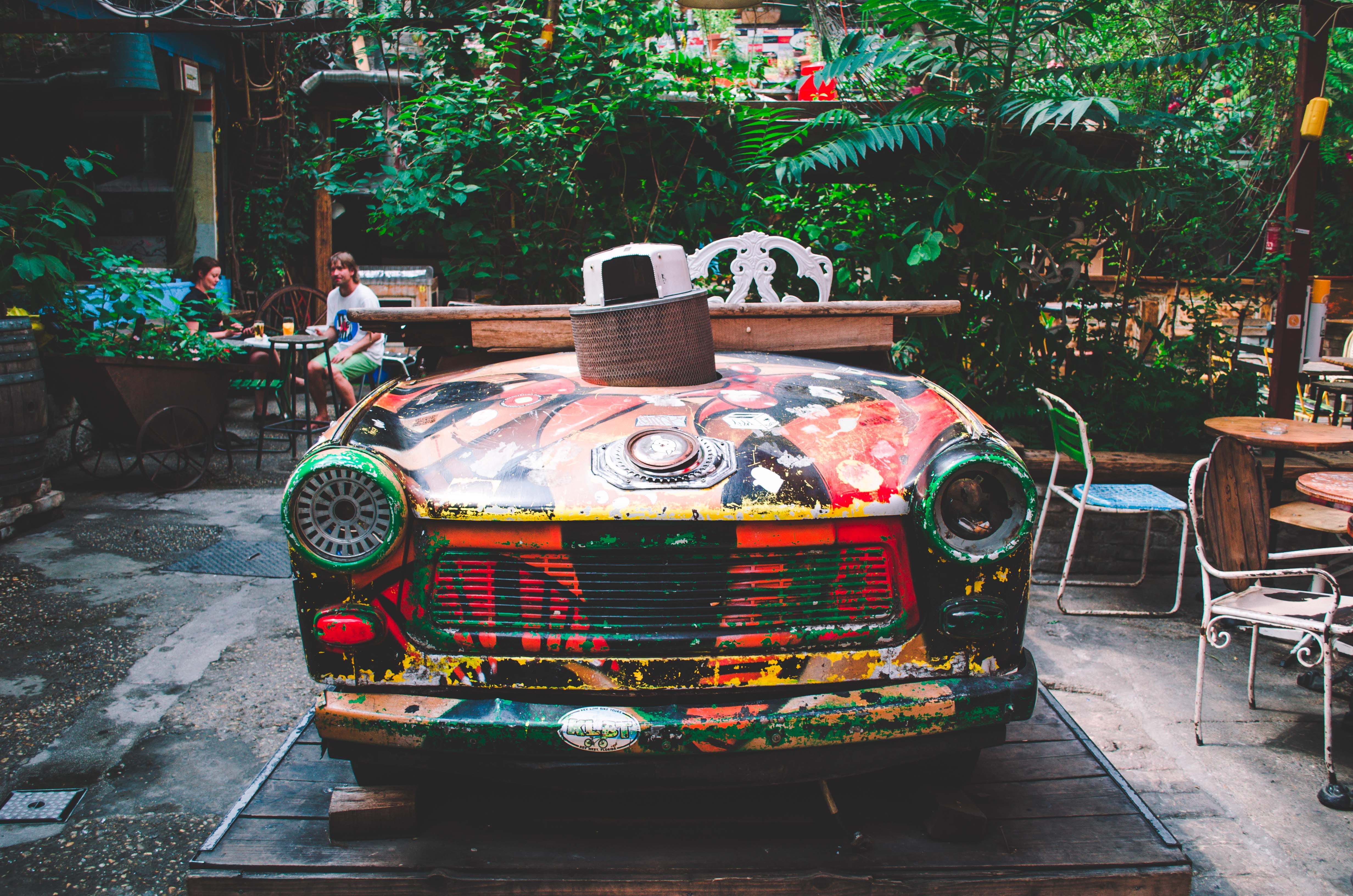 tree, outdoors, nature, street, plant, city, retro styled, land vehicle, car, hungary, growth, szimpla, creativity, szimpla kert, 4K, front or back yard, HD Wallpaper