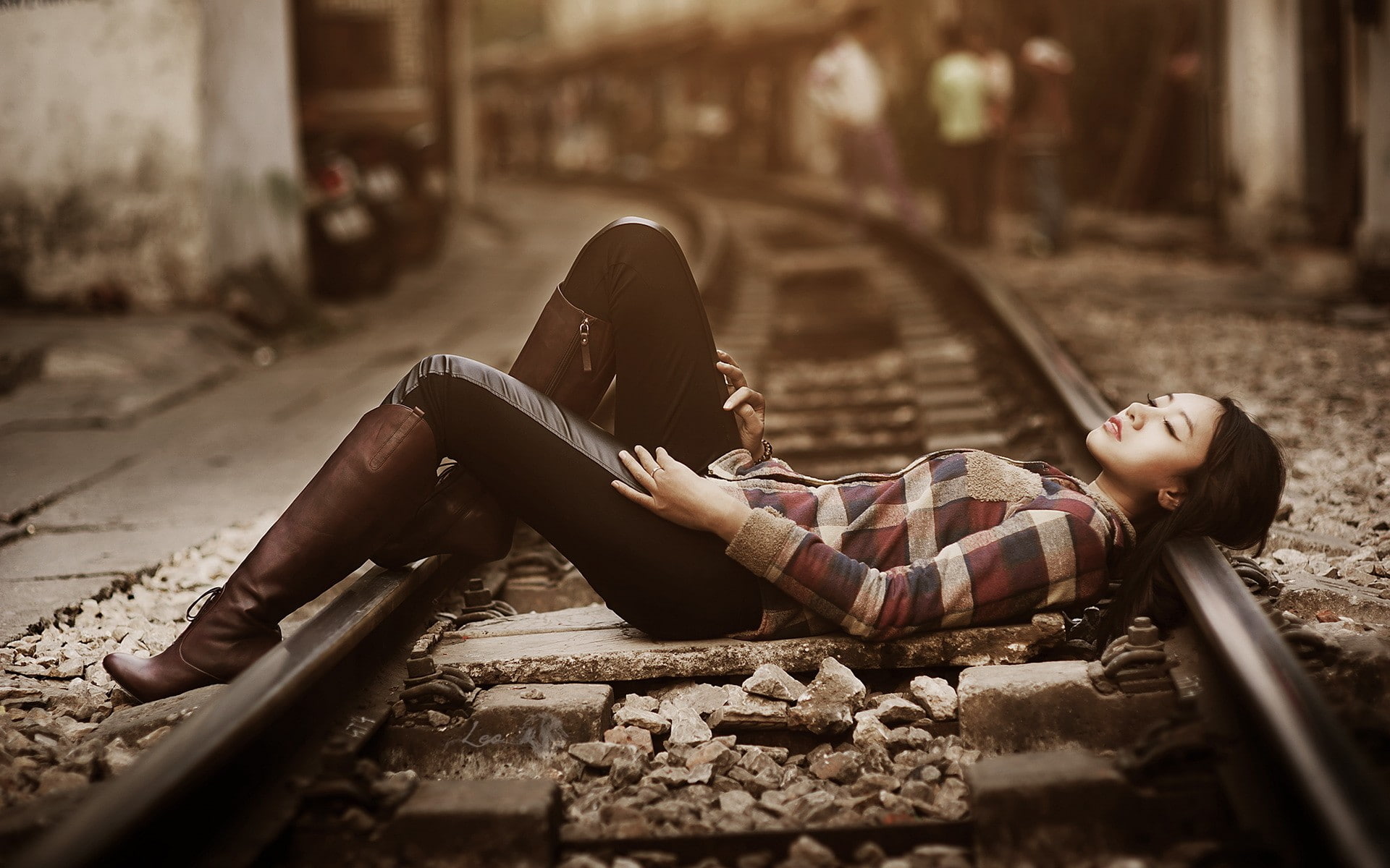 1080P, street, urban, shirt, people, long hair, women outdoors, model, tights, railway, lying on back, brunette, depth of field, women, knee-high boots, HD Wallpaper