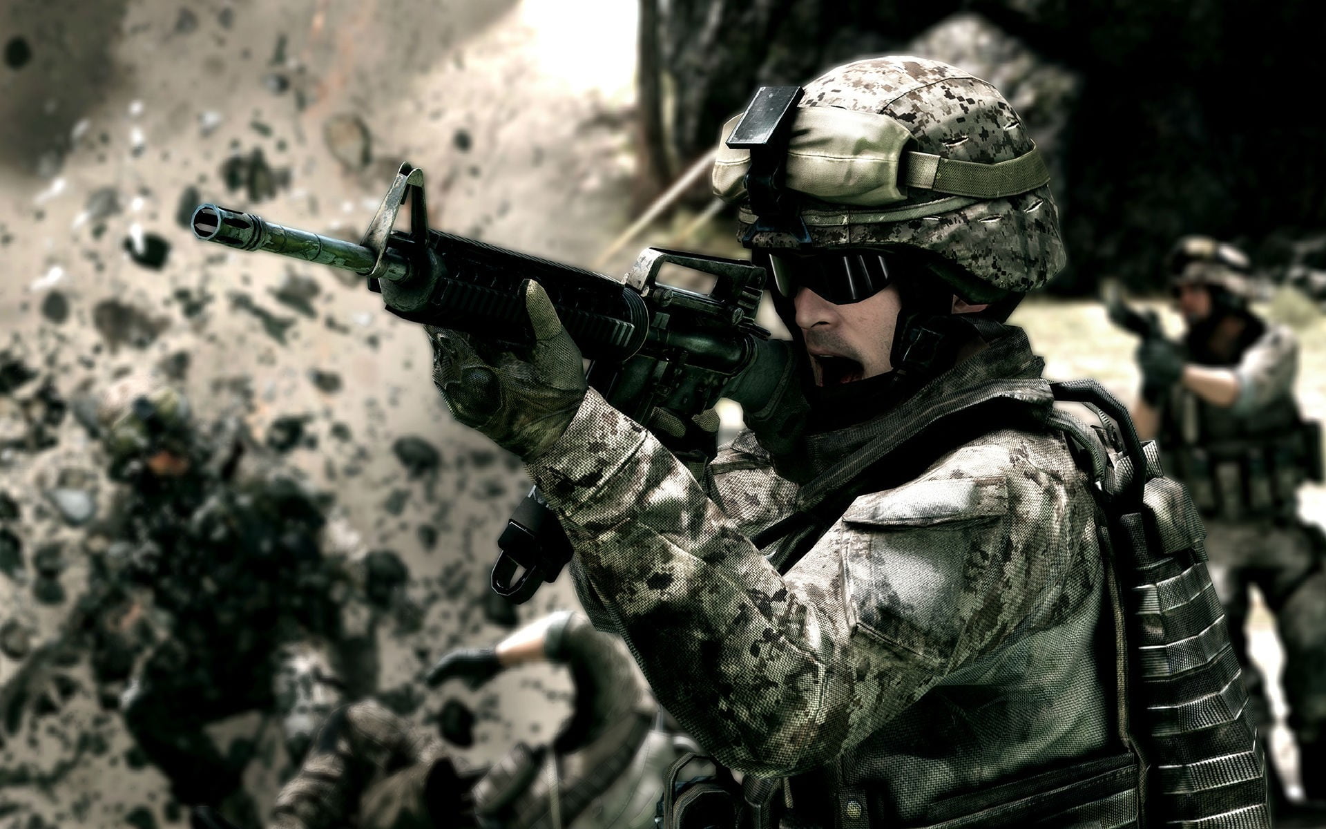 army helmet, weapon, security, work helmet, machine gun, Battlefield 3, 1080P, fighting, camouflage clothing, army, military, clothing, gun, special forces, HD Wallpaper