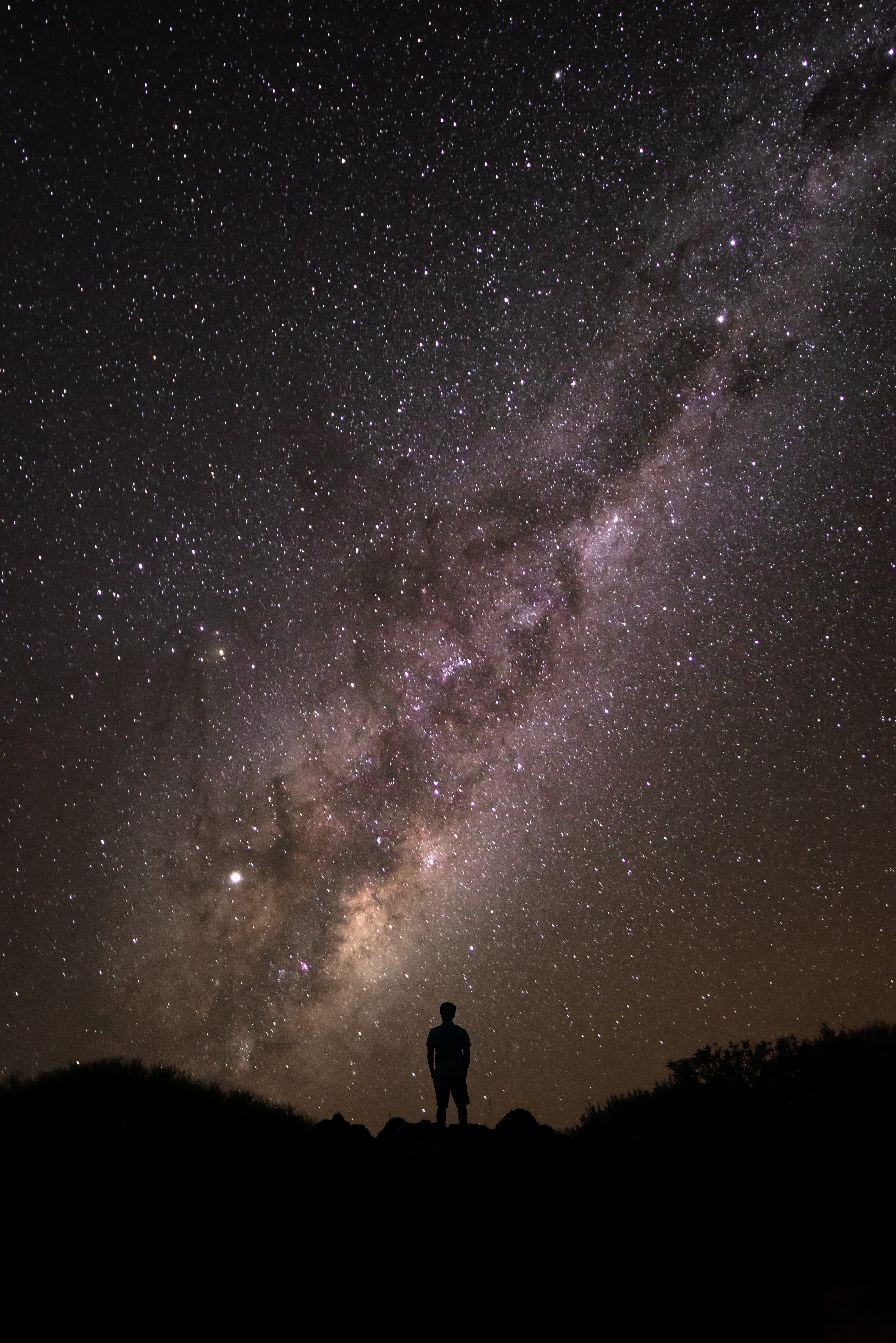 #stars, purple, tranquility, 5K, human, person, sky, outer space, #sony, astronomy, tranquil scene, #portrait, standing, man, star - space, #milkyway, Phone HD Wallpaper
