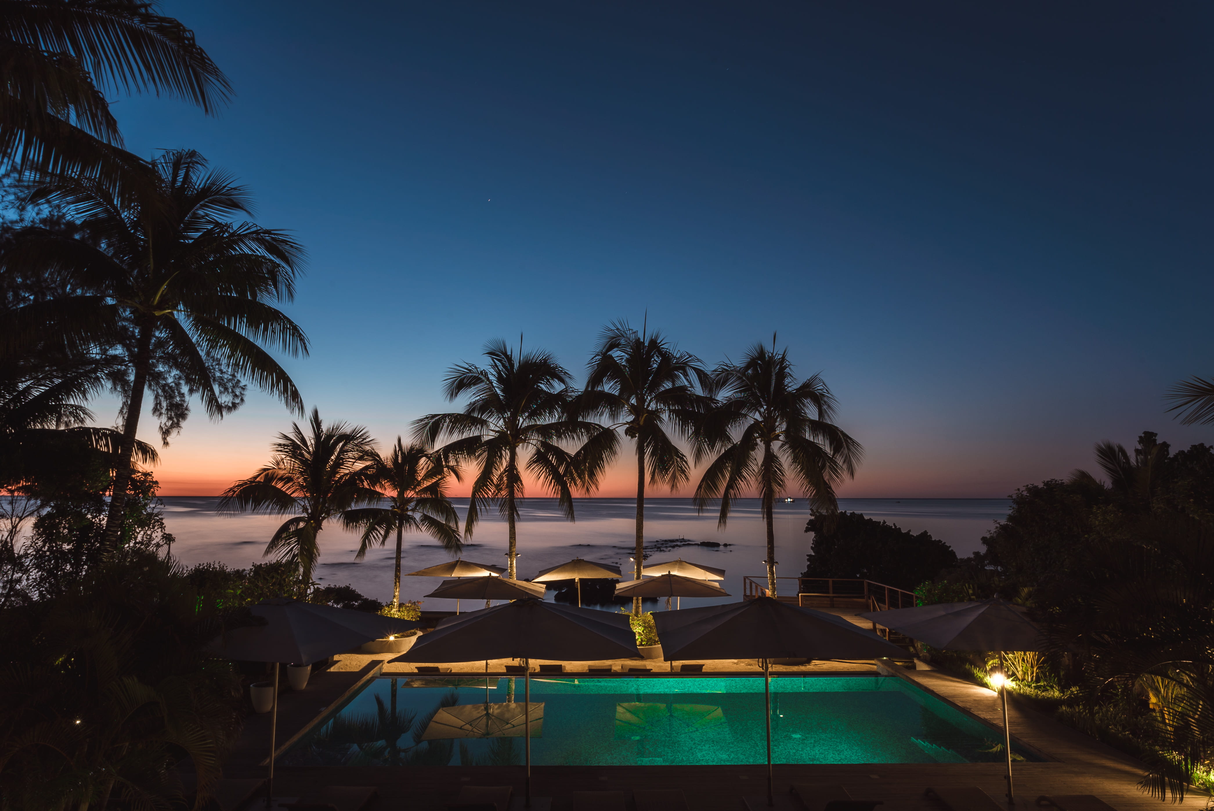 scenics - nature, night, sky, outdoors, coconut palm tree, sea, palm tree, plant, swimming, beauty in nature, water, vacation, travel destinations, yellow, HD Wallpaper