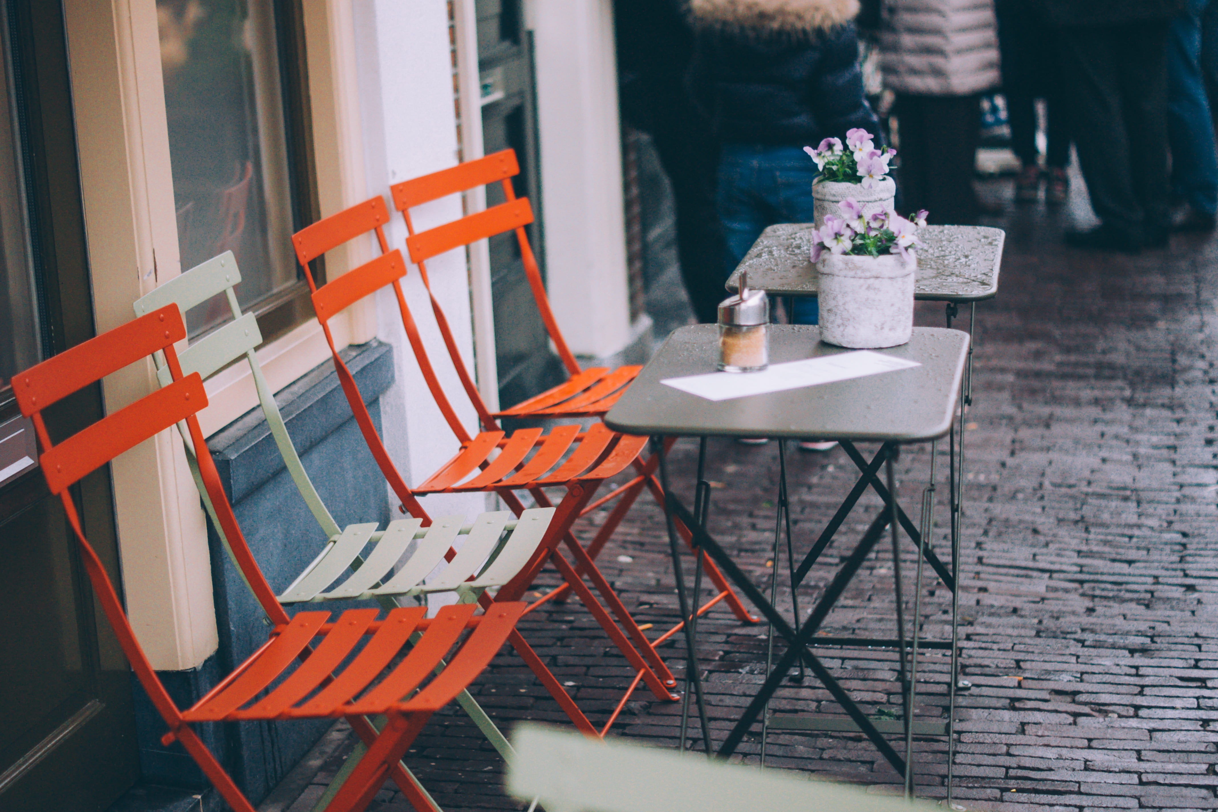 square, flowers, outdoor, wood - material, focus on foreground, seat, stool, gray, two, folding, tables, nature, bistro, orange, chairs, cafe, empty, 4K, HD Wallpaper