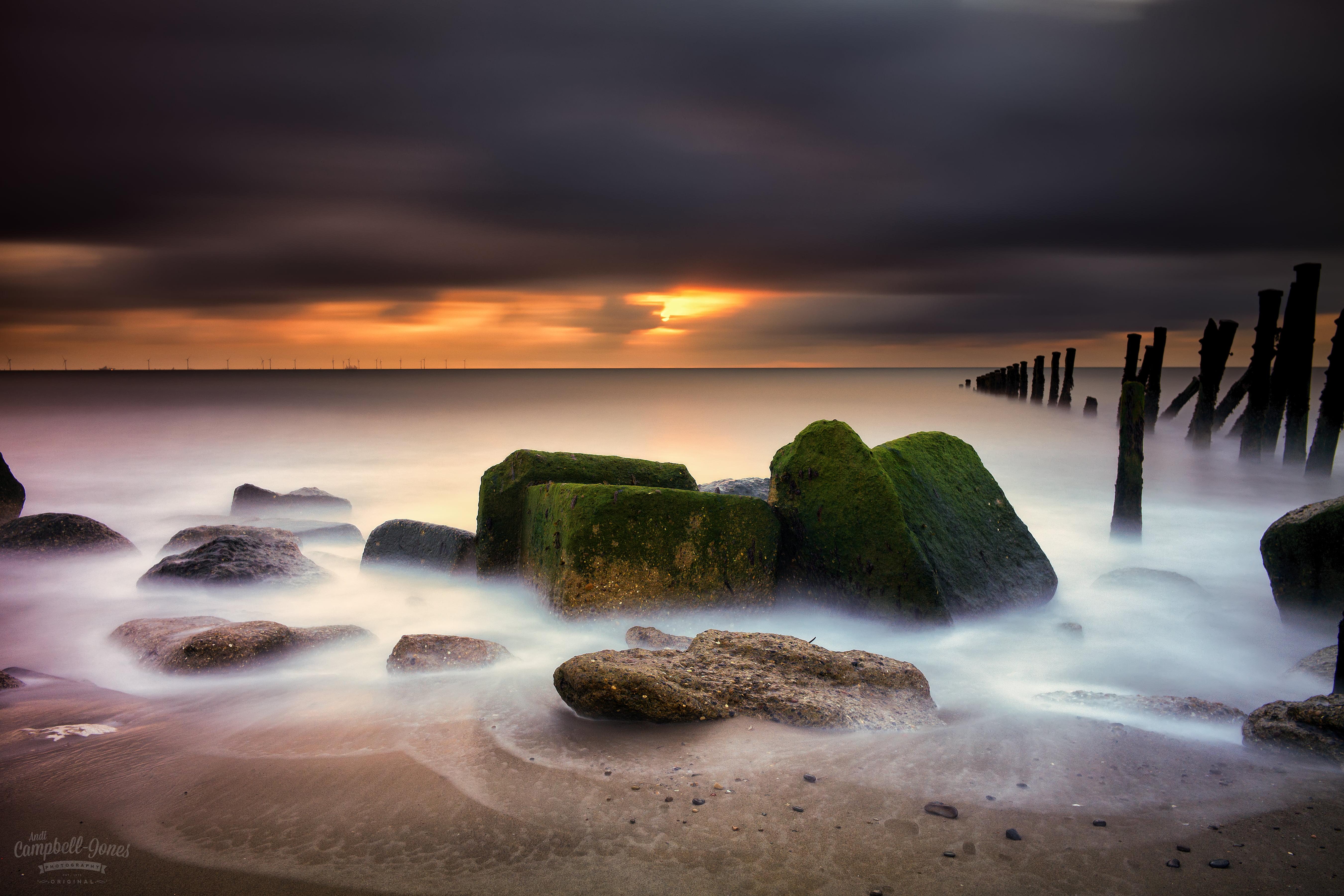 5K, sunrise, green rock, north  sea, landscape, gray, coastal, near, dusk, jones, yorkshire, long  exposure, sky, water, sun, rocks, rock, beach, nature, HD Wallpaper