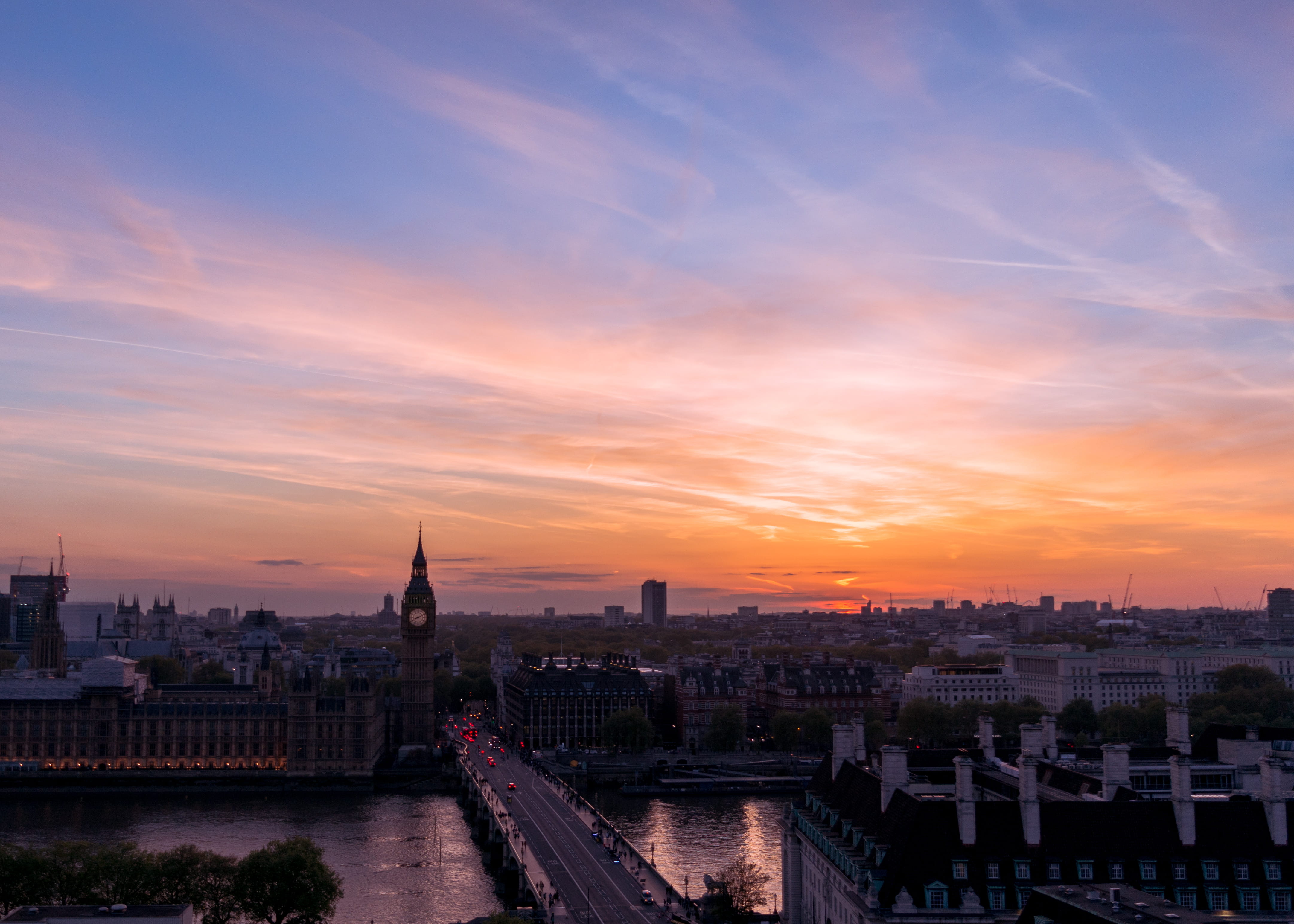 city life, high angle view, london, big ben, spire, dusk, building, twilight, no people, travel, golden hour, sky, tower, water, travel destinations, cityscape, HD Wallpaper