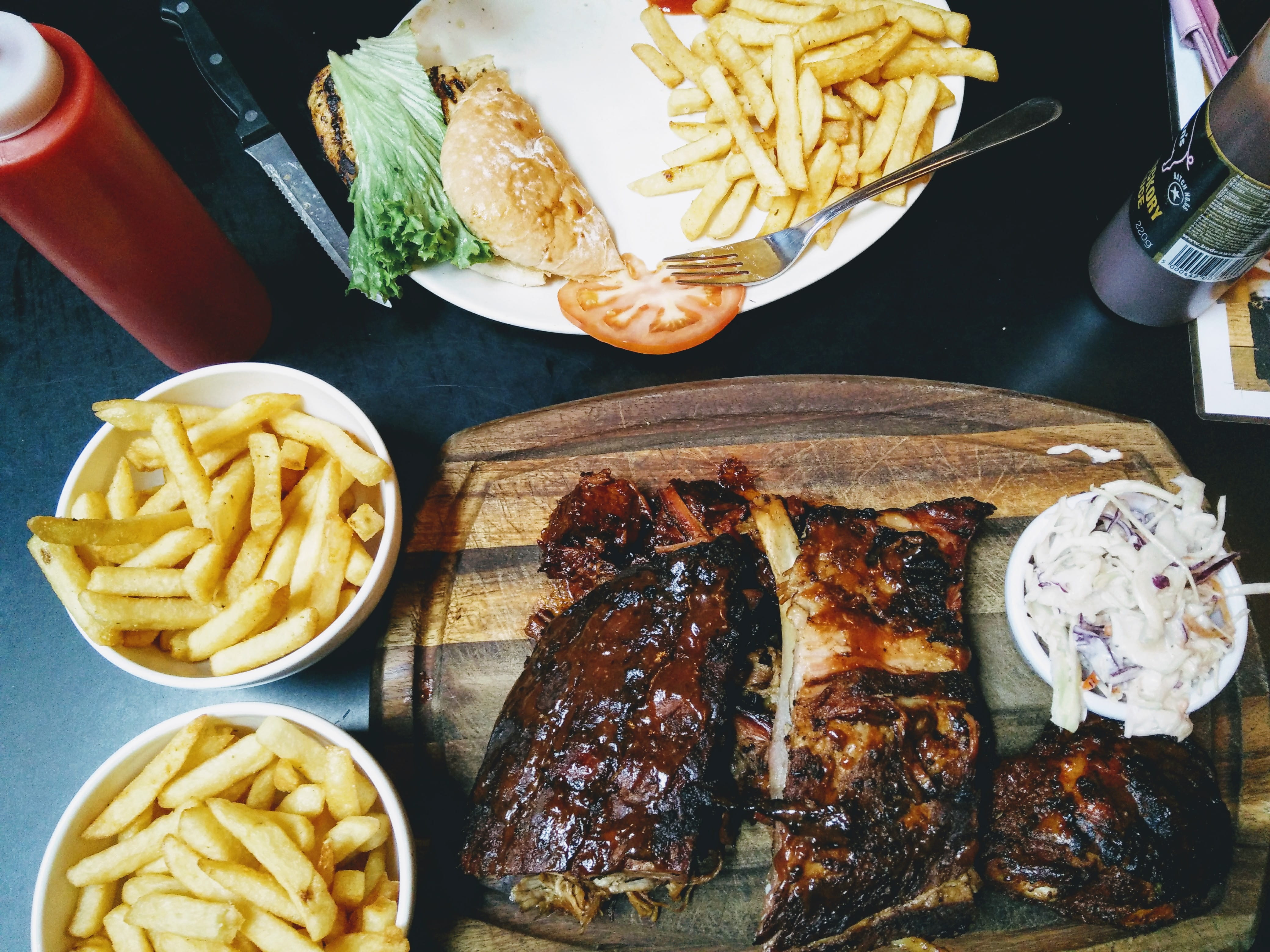 ready-to-eat, unhealthy eating, bbq, cream, dessert, ribs, fries, food, bodean, fast food, meat, united kingdom, lunch, high angle view, sea life, seafood, HD Wallpaper