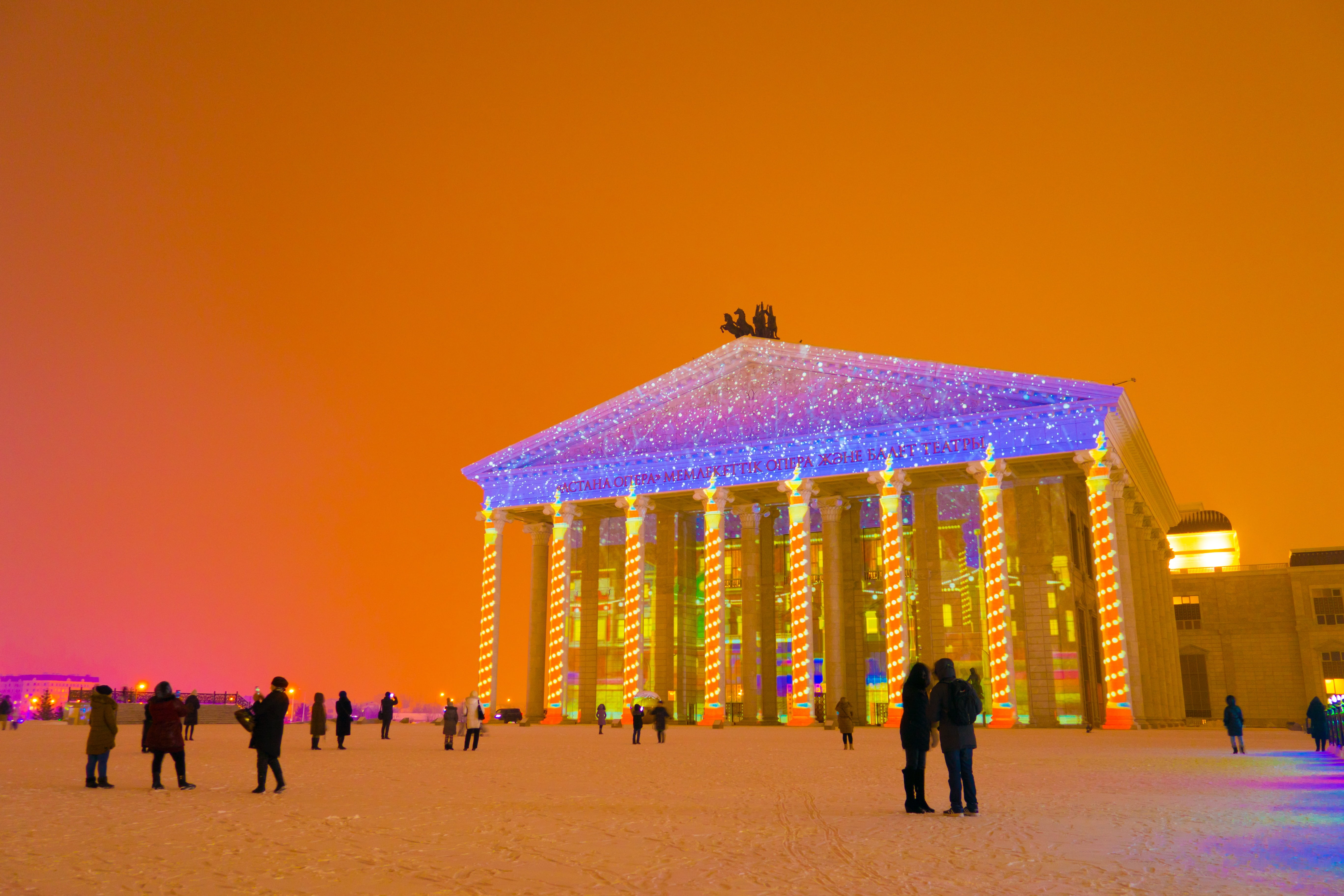 travel destinations, 5K, travel, orange color, cathedral, building, january, illuminated, people, tourist, real people, astana opera, winter, 3d show, HD Wallpaper