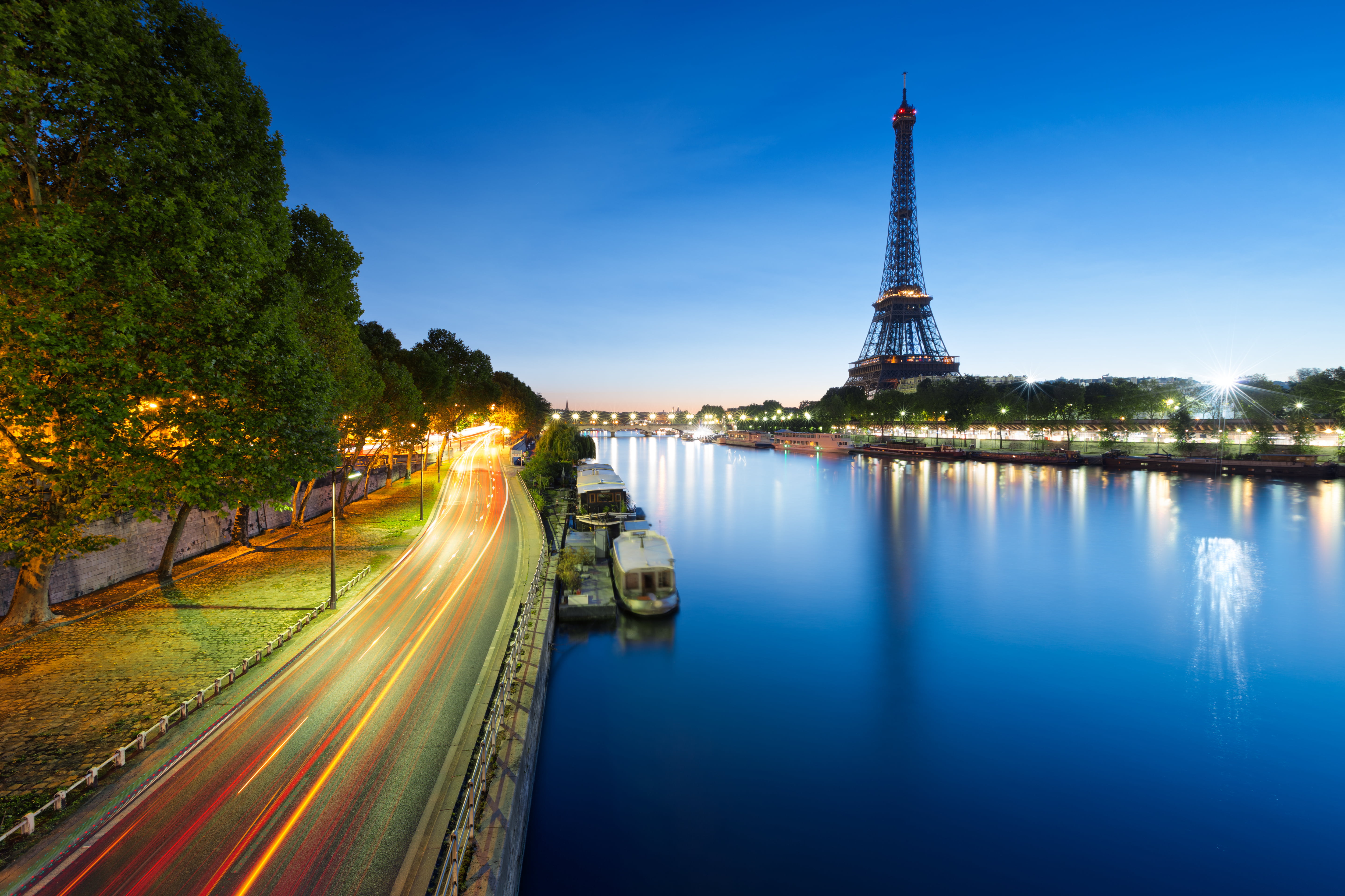 tree, France, twilight, journey, paris - France, Paris, boats, reflection, people Traveling, eiffel, outdoors, history, blue, 5K, sky, no people, trees, HD Wallpaper
