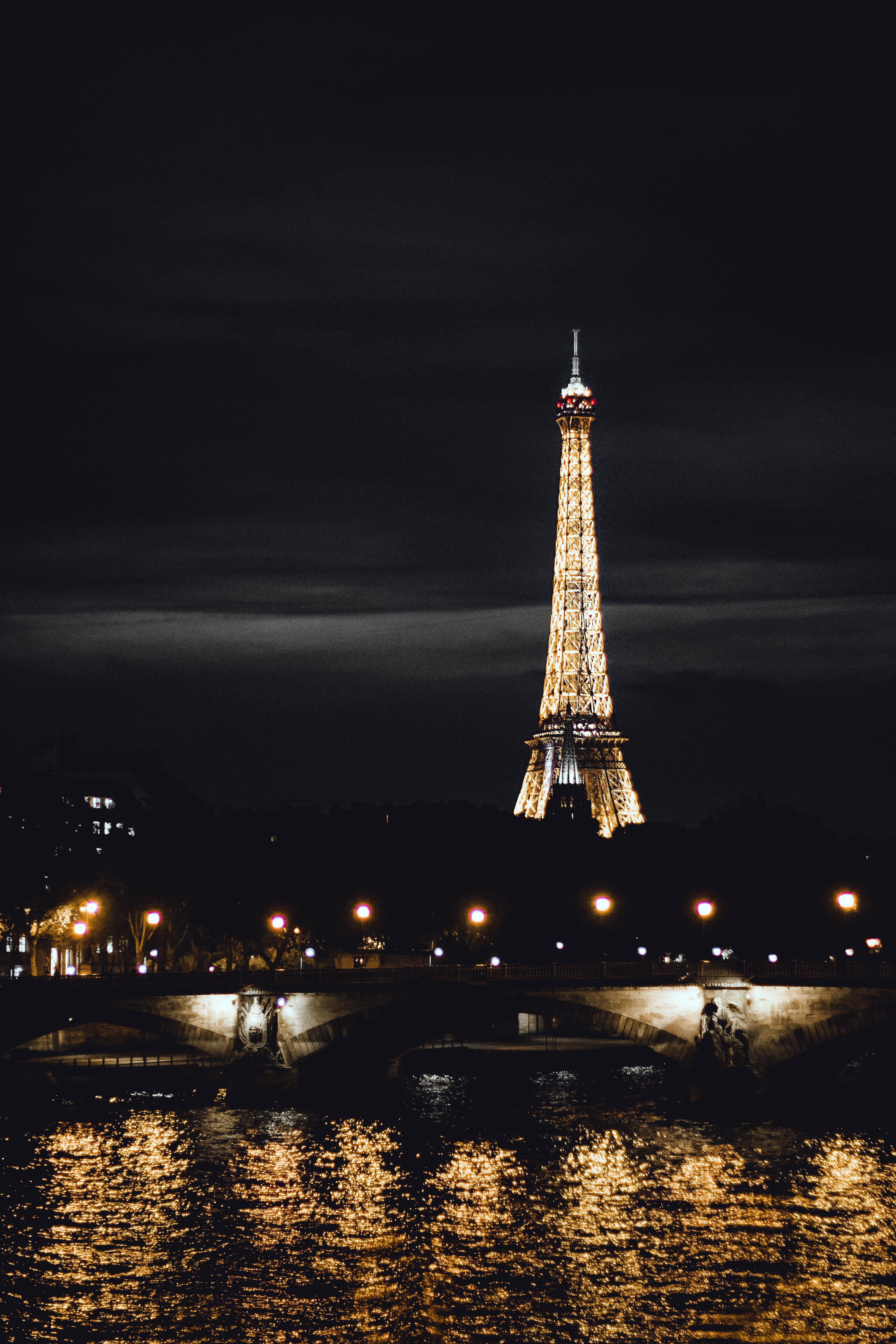 nature, beauty, heritage, building exterior, tour, 5K, eiffel tower, france, water, night, built structure, illuminated, bright, cloud, tall - high, skyscraper, Phone HD Wallpaper