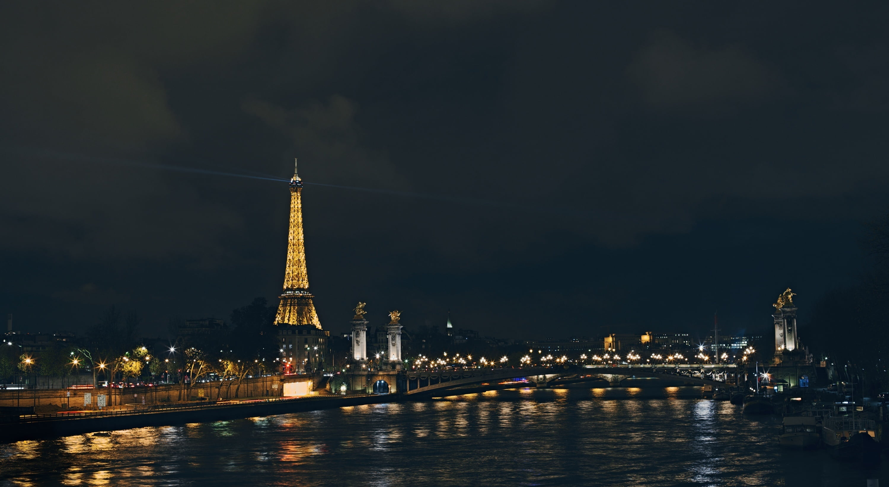 no people, tall - high, outdoors, building, France, sky, night, cityscape, illuminated, office building exterior, river, nature, architecture, Eiffel Tower, HD Wallpaper