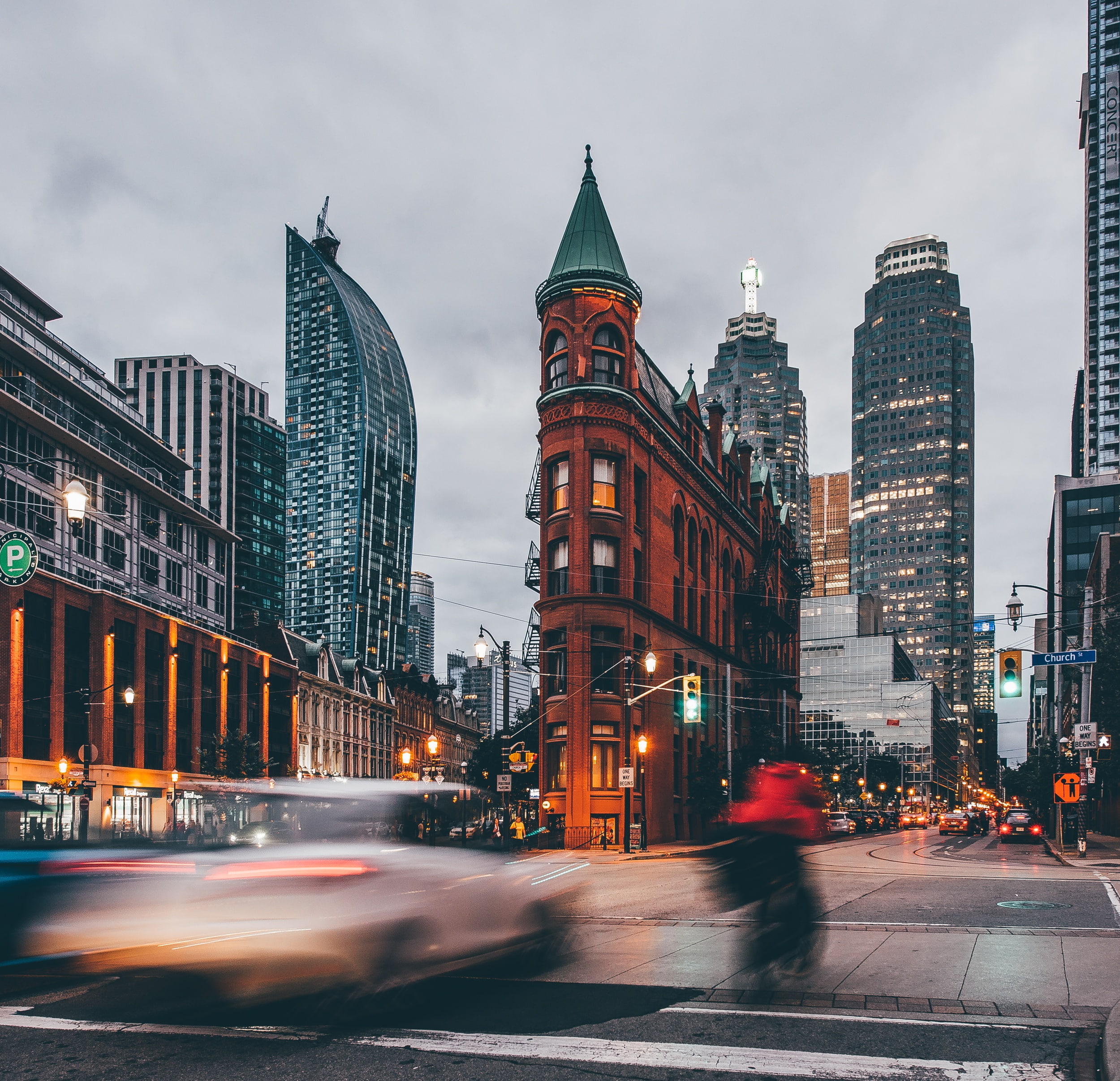 Gooderham Building, excerpt, Canada, the evening, the city, Ontario, Toronto, 1080P, street, lights, movement, HD Wallpaper