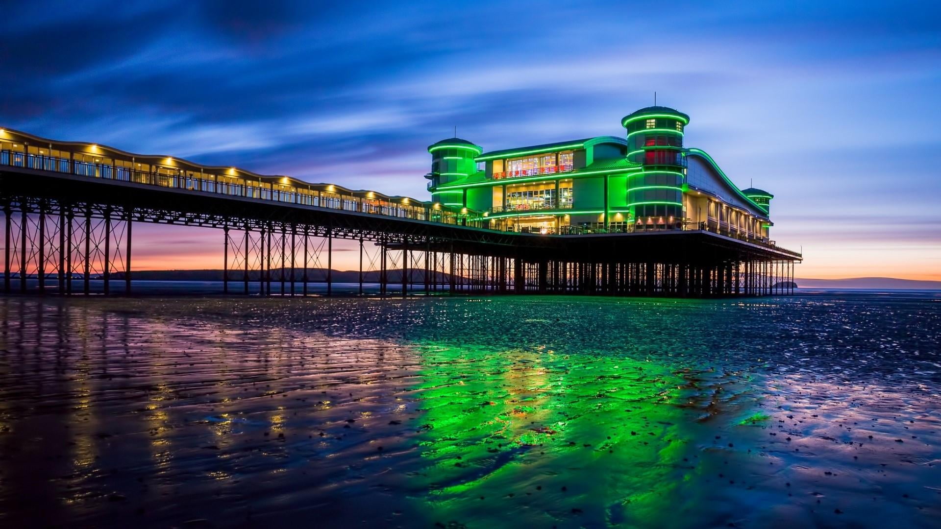 no people, cloud - sky, waterfront, connection, united kingdom, outdoors, pier, weston super mare, 1080P, sea, horizon, built structure, landmark, nature, HD Wallpaper