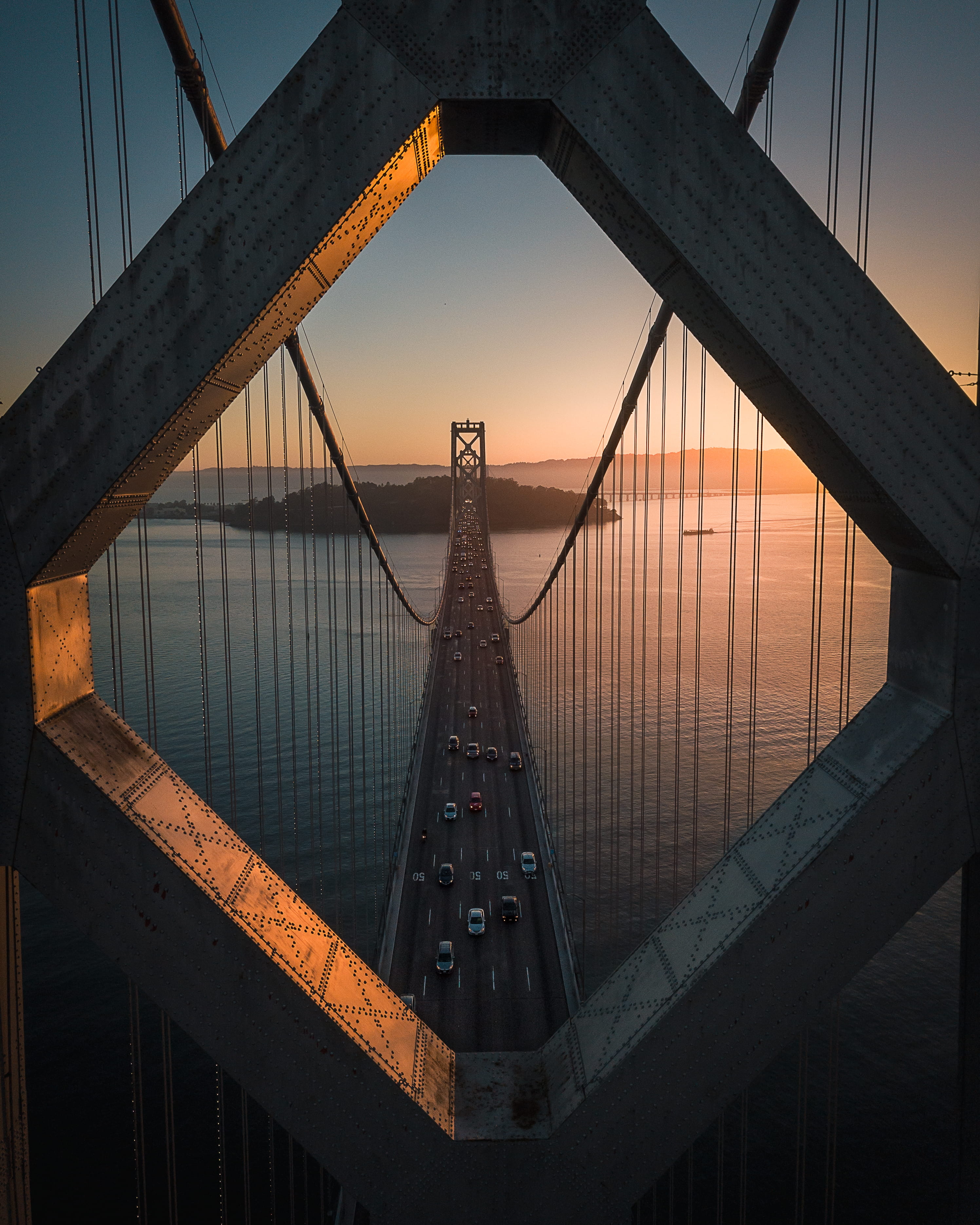 bridge, tower, bridge - Man Made Structure, downtown District, boat, sky, bridge - Vessel Part, commute, urban Skyline, river, framing, dusk, san fran, Phone HD Wallpaper