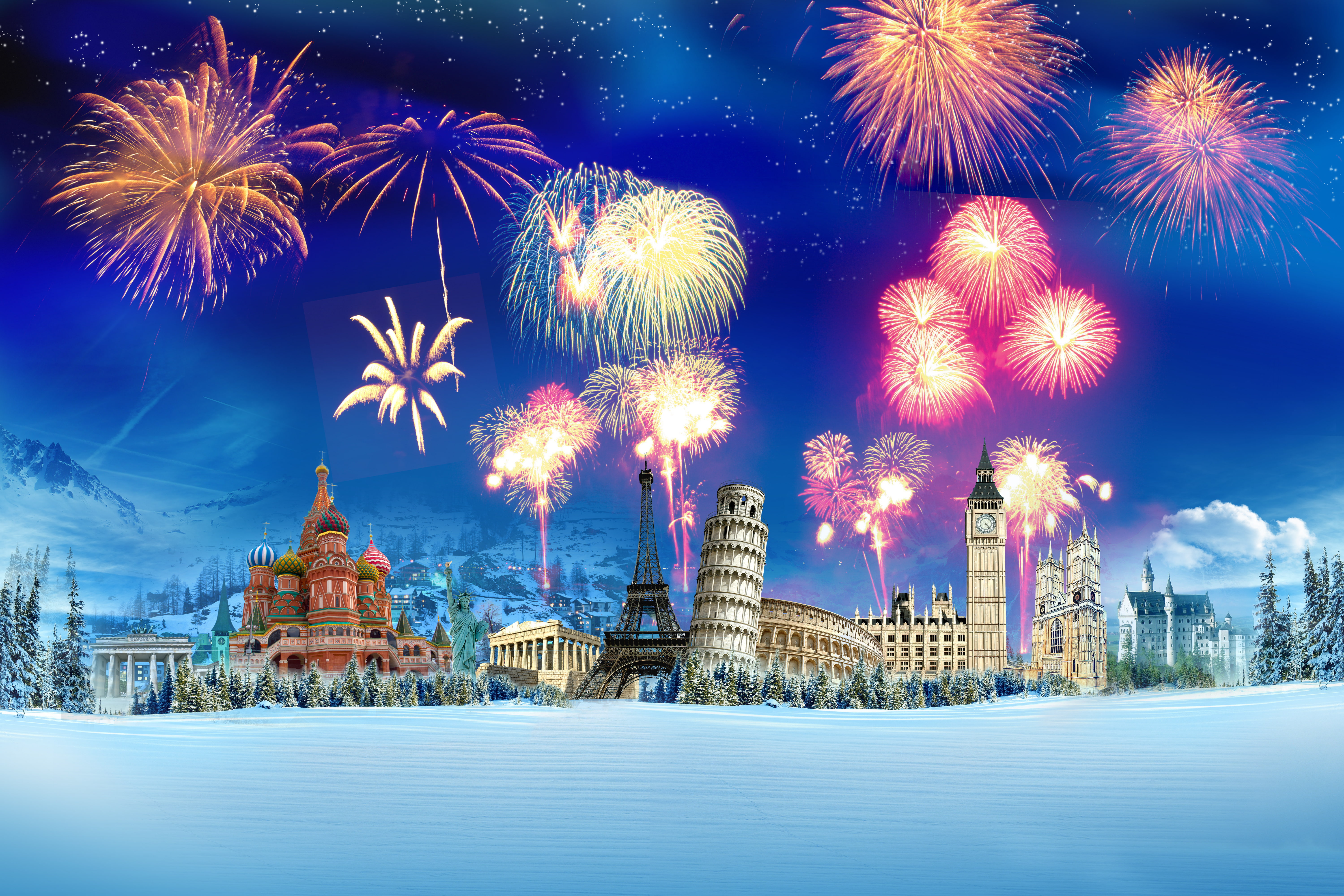 the Kremlin, Colosseum, winter, Eiffel tower, Buckingham Palace, 5K, tree, the fireworks, the leaning tower of Pisa, snow, salute, HD Wallpaper