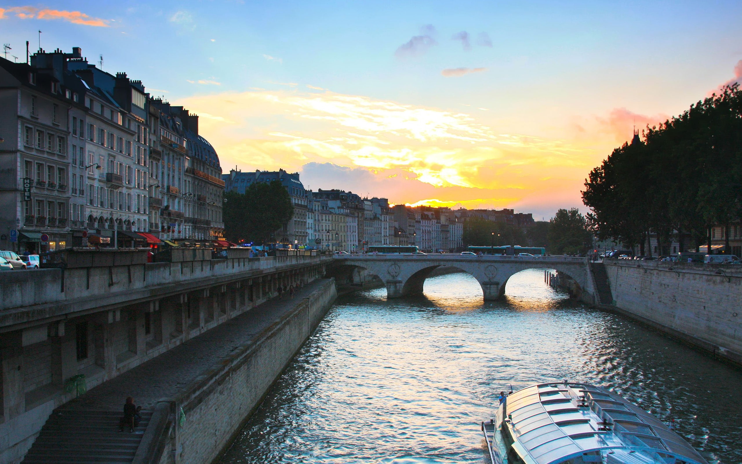 River, seine, Sunset, Paris, yellow, 2K, HD Wallpaper
