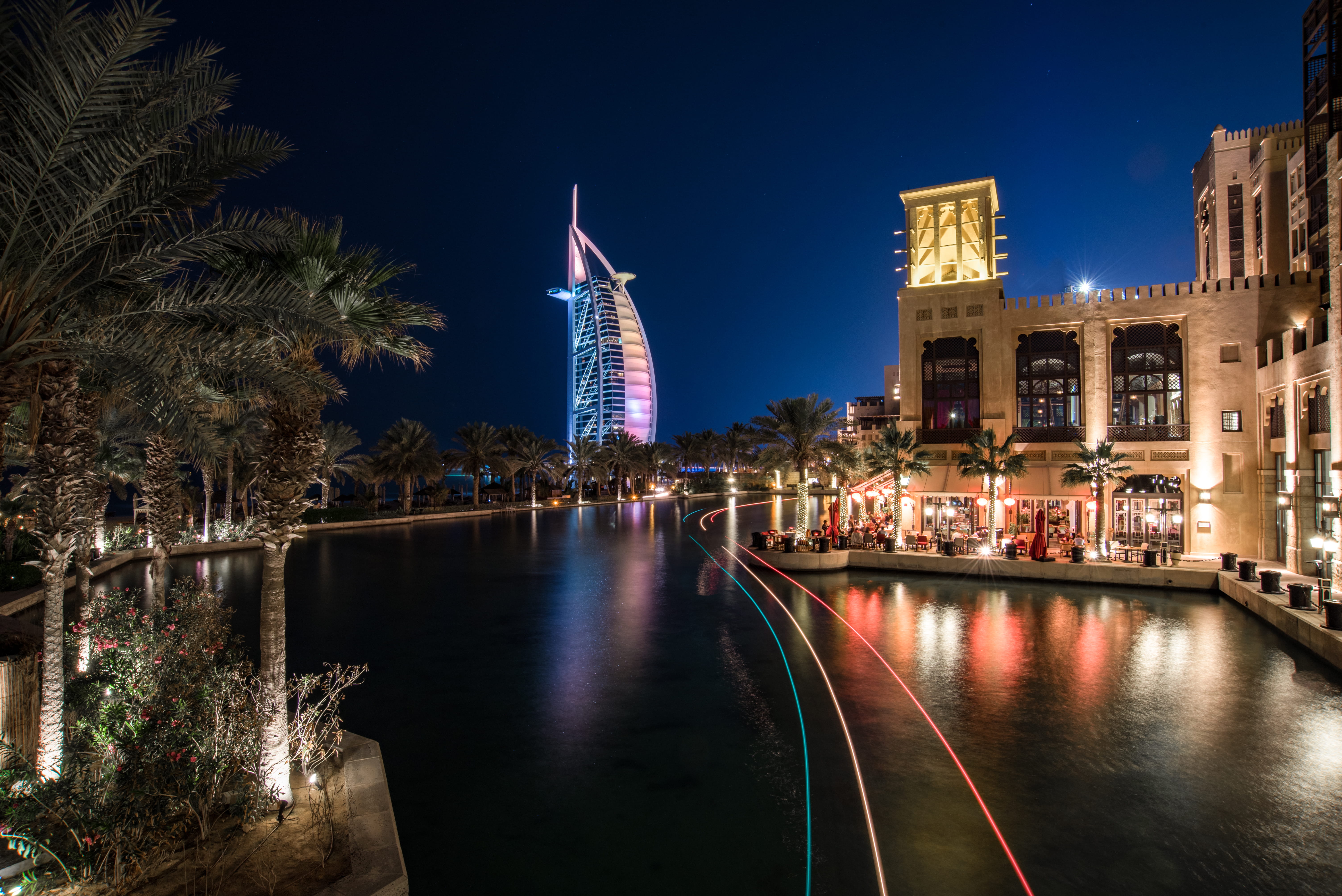 burj, skyscraper, dubai, no people, built structure, sky, night al tsar, reflection, dusk, illuminated, nature, water, tree, river, perfect, plant, 5K, HD Wallpaper