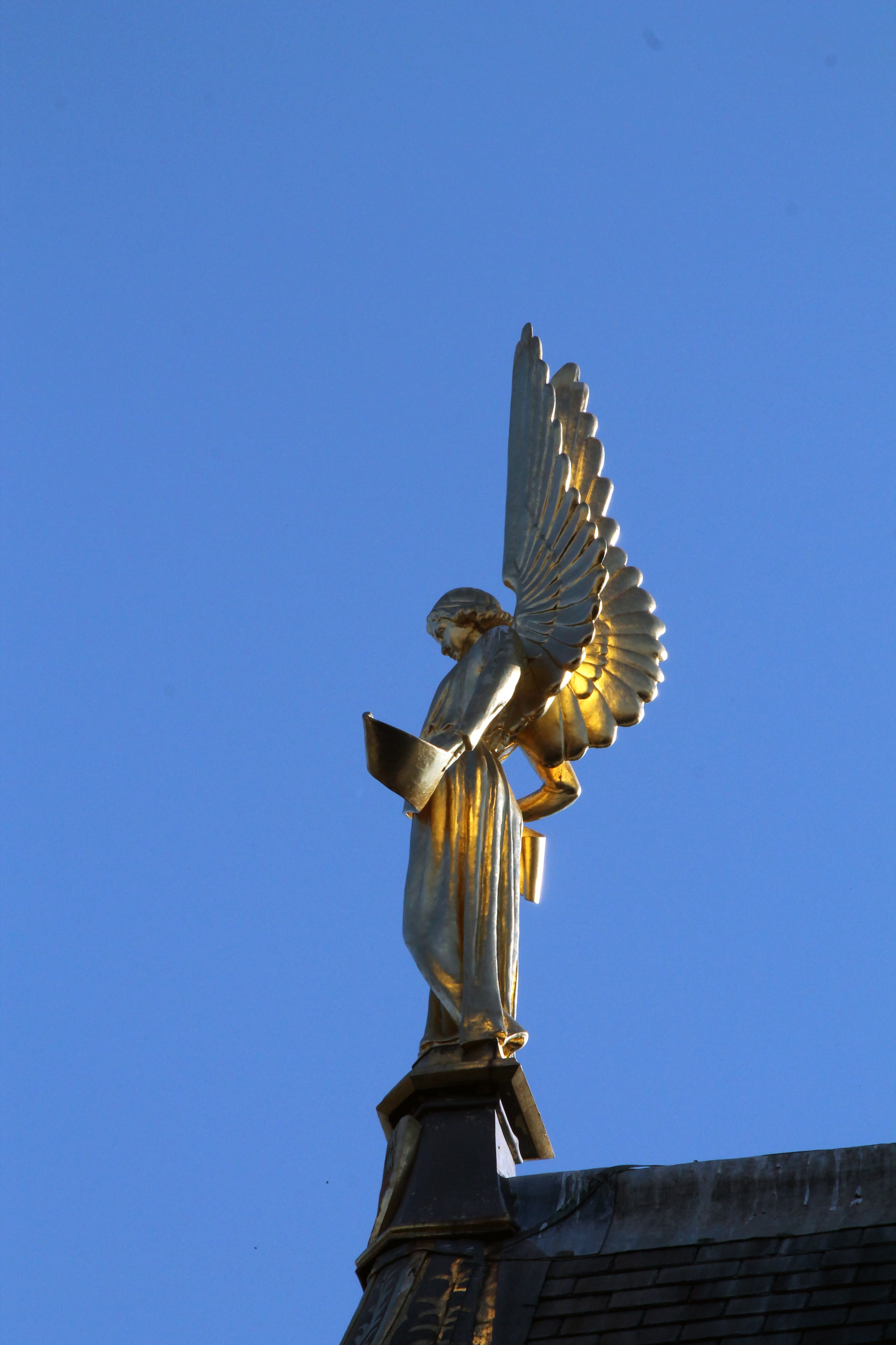 angel, female likeness, france, representation, ile-de-france, gold colored, blue sky, statue, church, art and craft, outdoors, montmorency, human representation, Phone HD Wallpaper