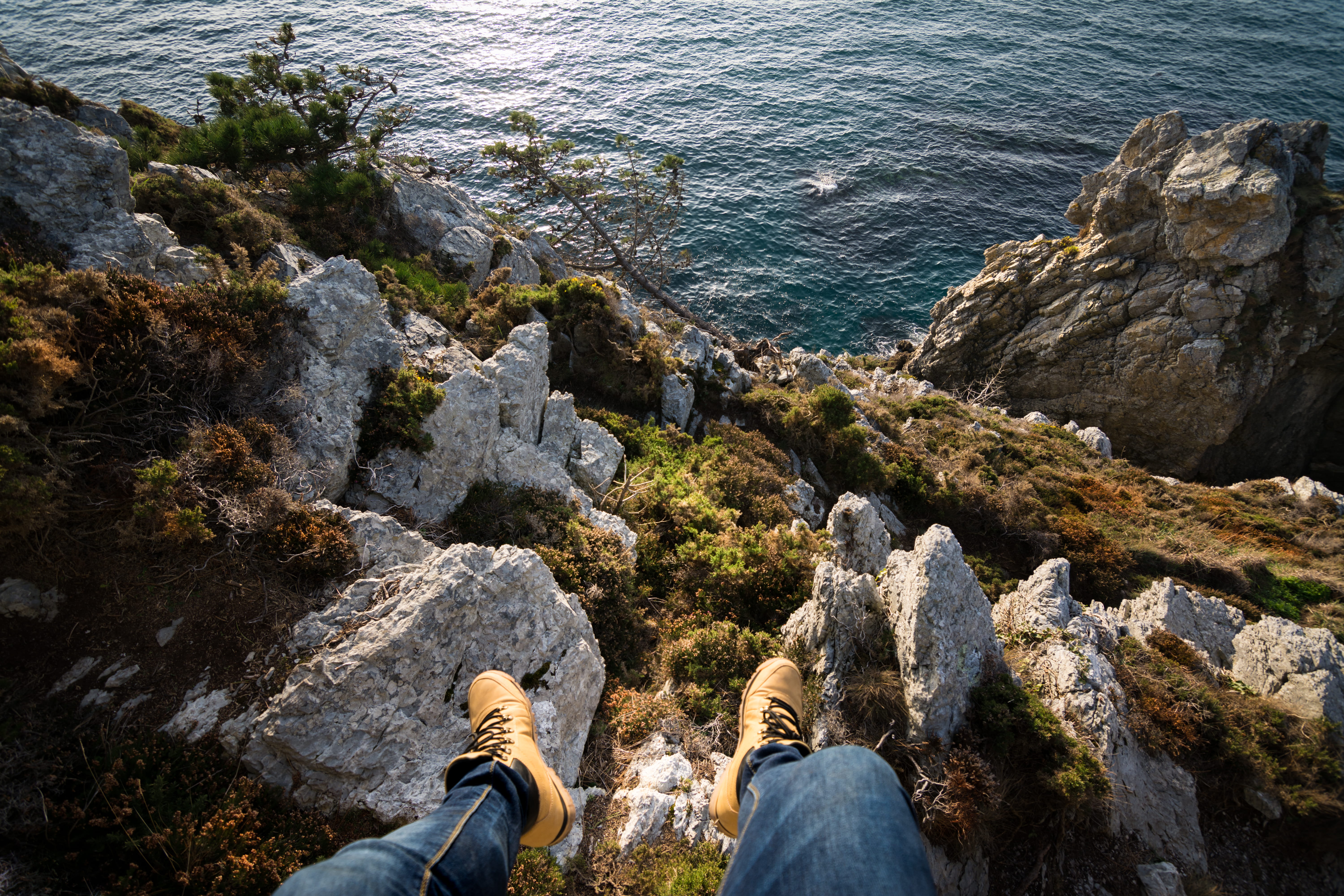 wide view, beauty in nature, high angle view, outdoors, personal perspective, body part, seaside, solid, 5K, portrait, landescane, water, rock, nature, HD Wallpaper