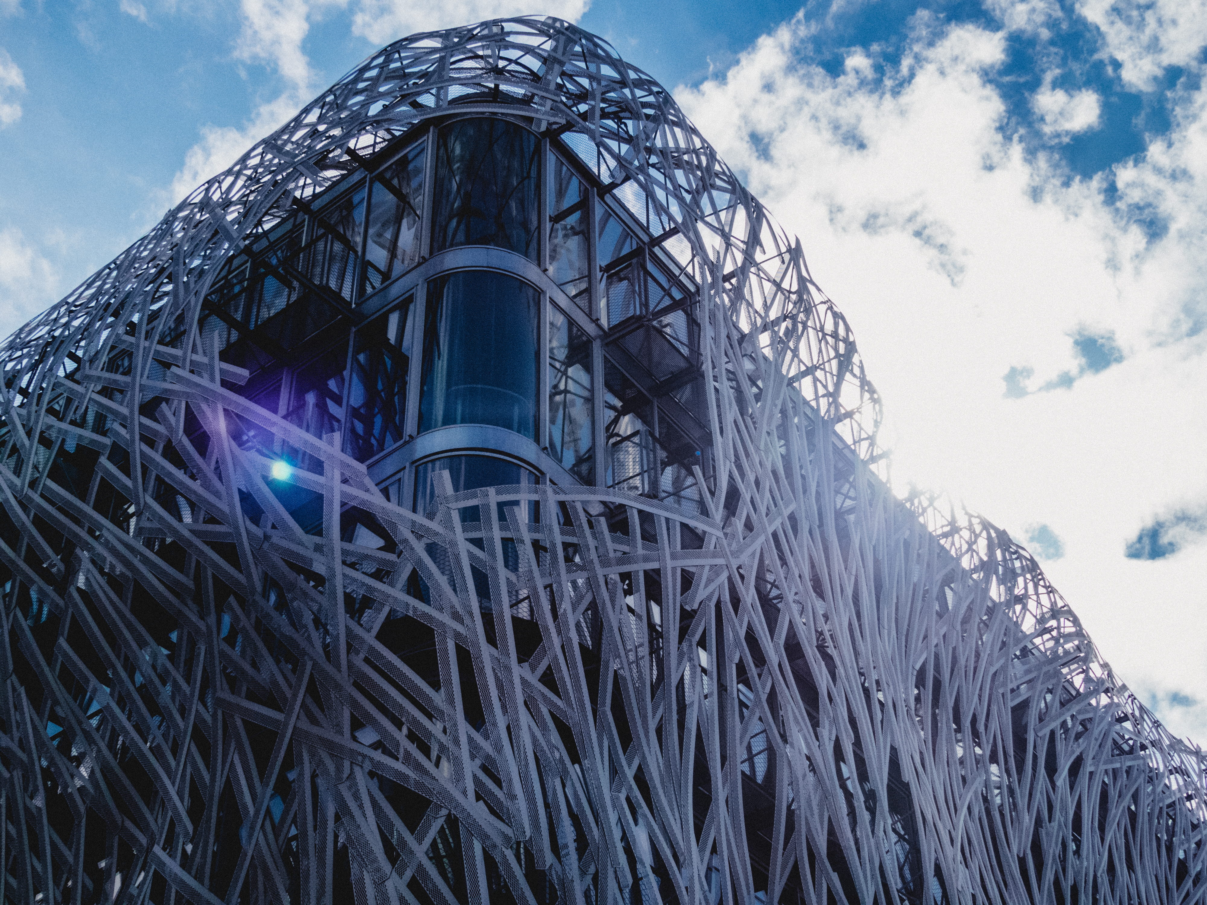 hollidays, creative, blue, buildings, cloud, steel, france, new, sky, modern, outdoors, nature, blue sky, innovative, pattern, metal, tourism, nantes, cloud - sky, HD Wallpaper