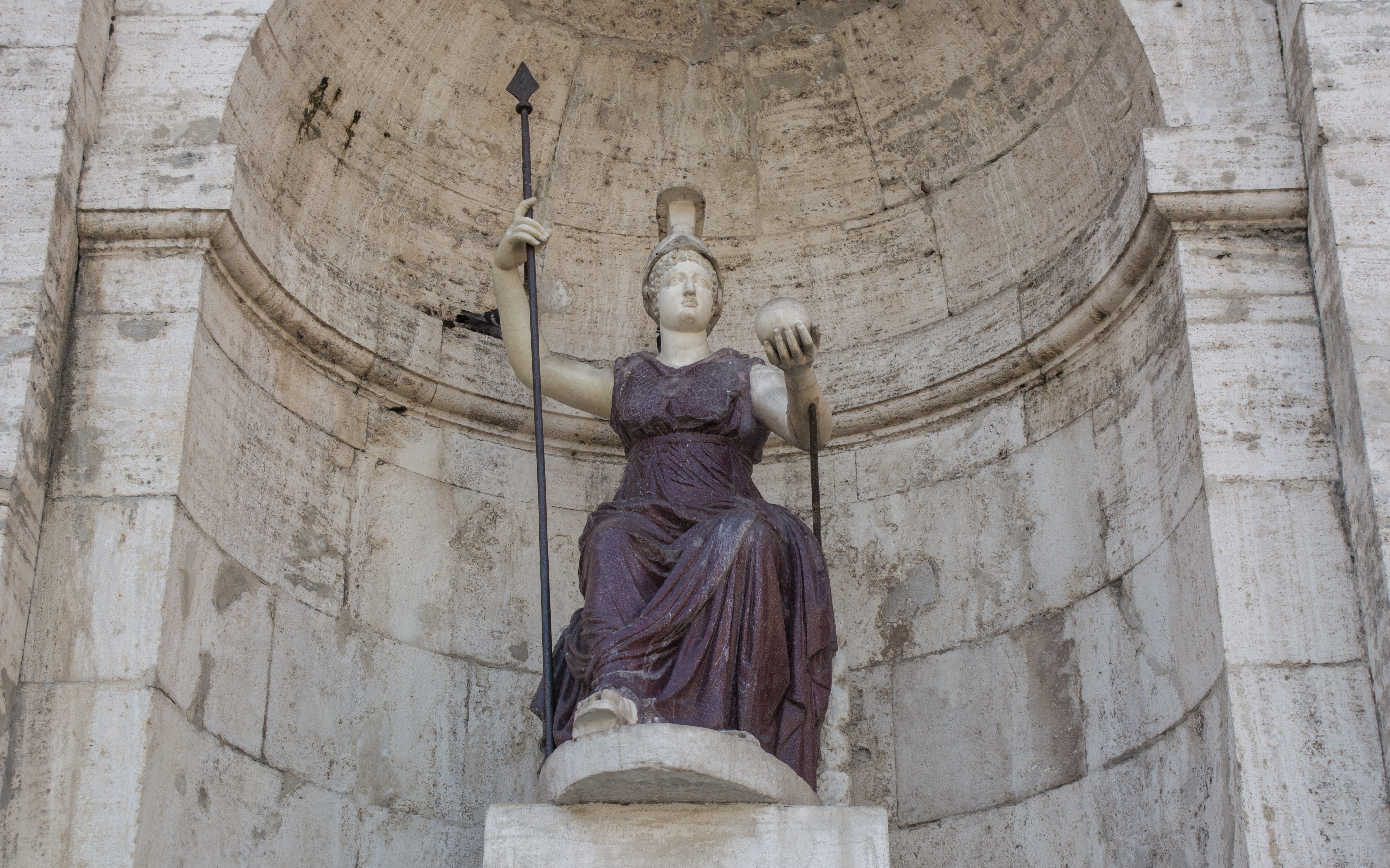 outdoors, female likeness, religion, sculpture, goddess roma, built structure, spirituality, the past, architecture, belief, spear, Capitol Square, art and craft, HD Wallpaper
