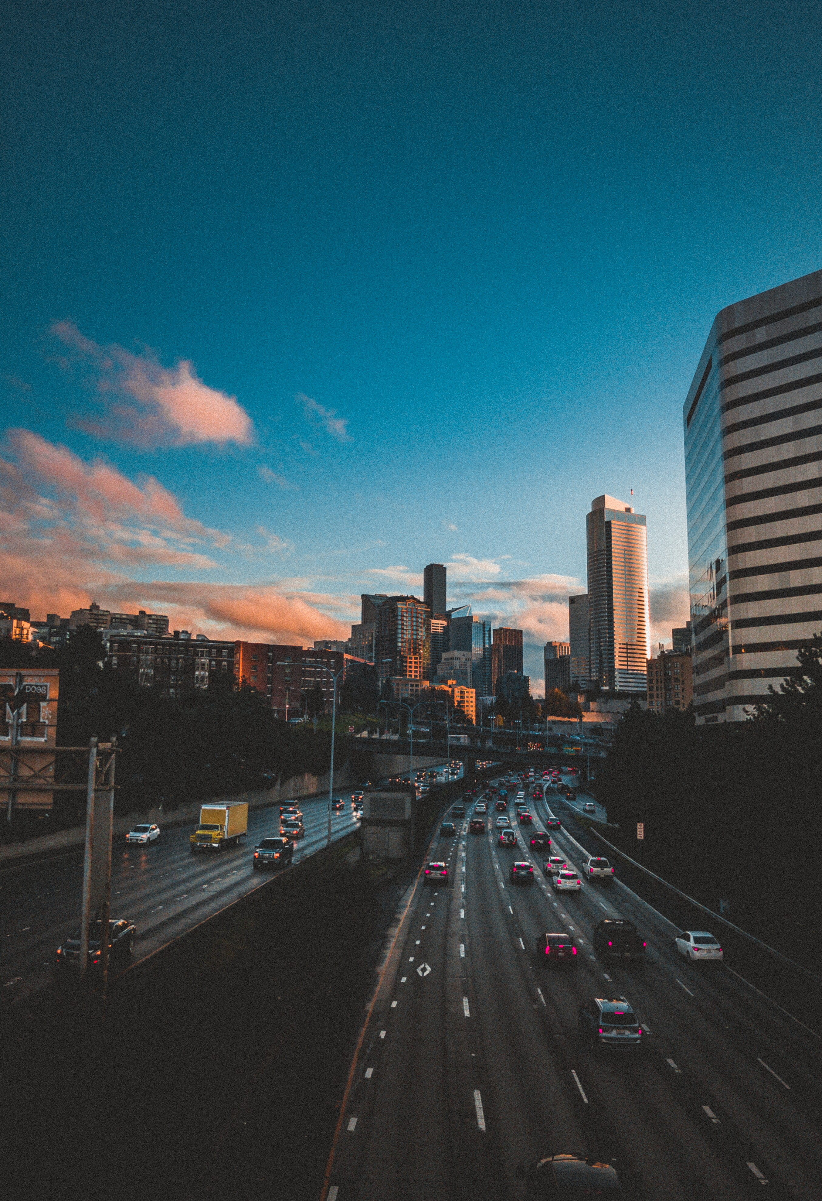 outdoors, car, the way forward, city life, motor vehicle, cloud - sky, building exterior, sky, city, highway, sunset, clouds, skyline, mode of transportation, Phone HD Wallpaper