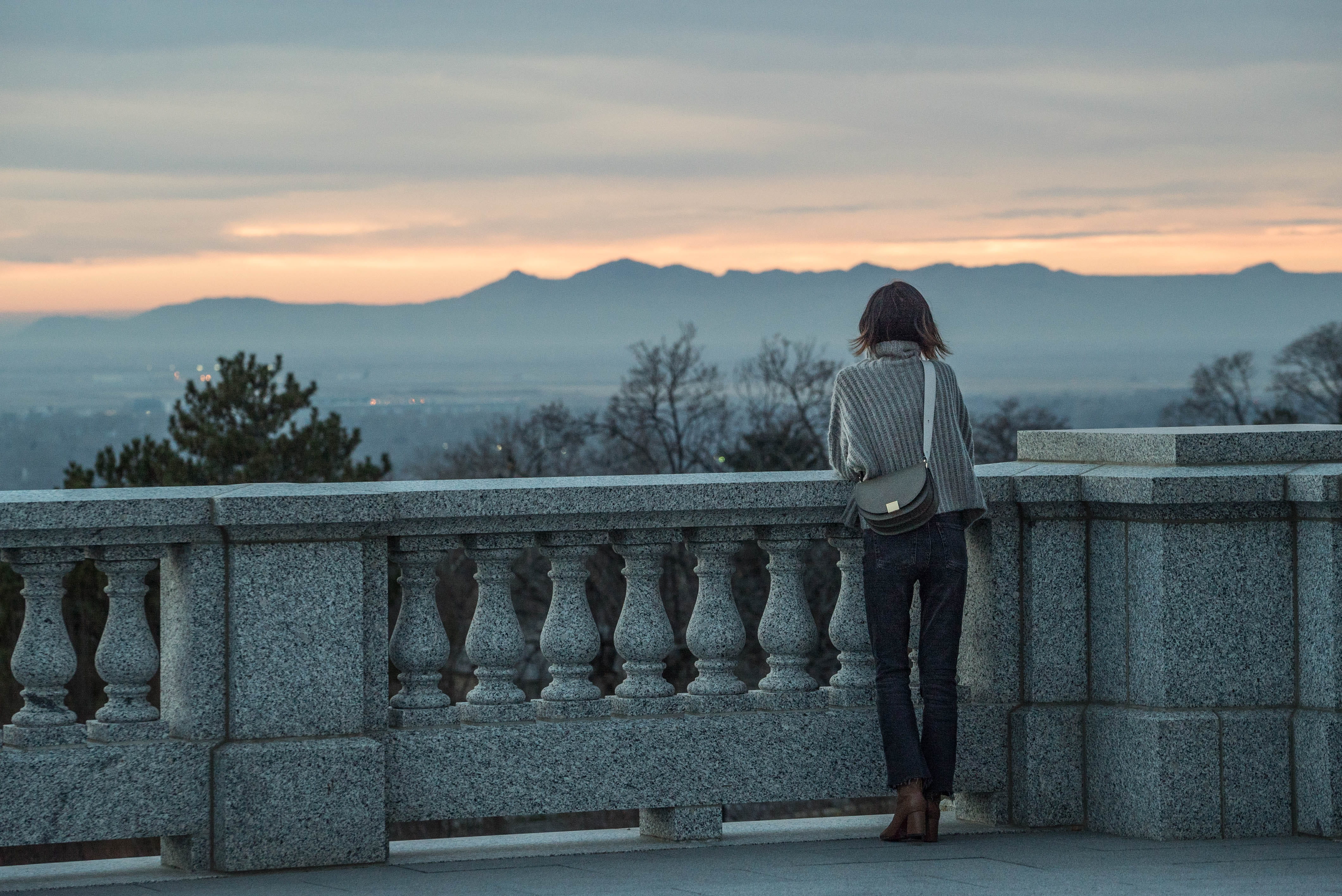outdoors, dusk, standing, lady, capitol hill, leisure activity, short hair, full length, person, cloud - sky, mountain range, real people, looking out, HD Wallpaper