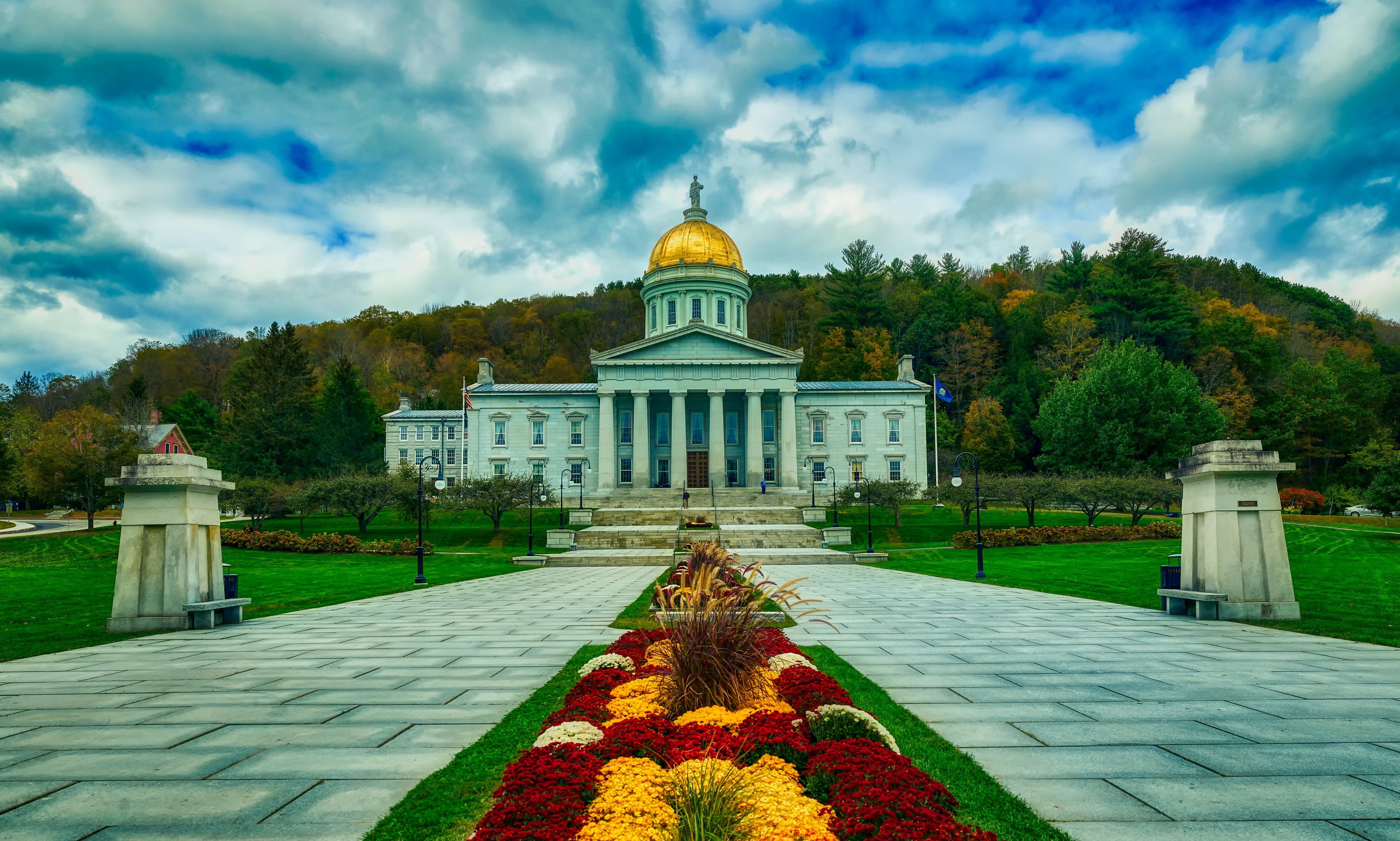 building, america, belief, autumn, woods, travel destinations, walkway, forest, montpelier, garden, flower, tree, hills, vermont, plants, religion, cloud - sky, HD Wallpaper