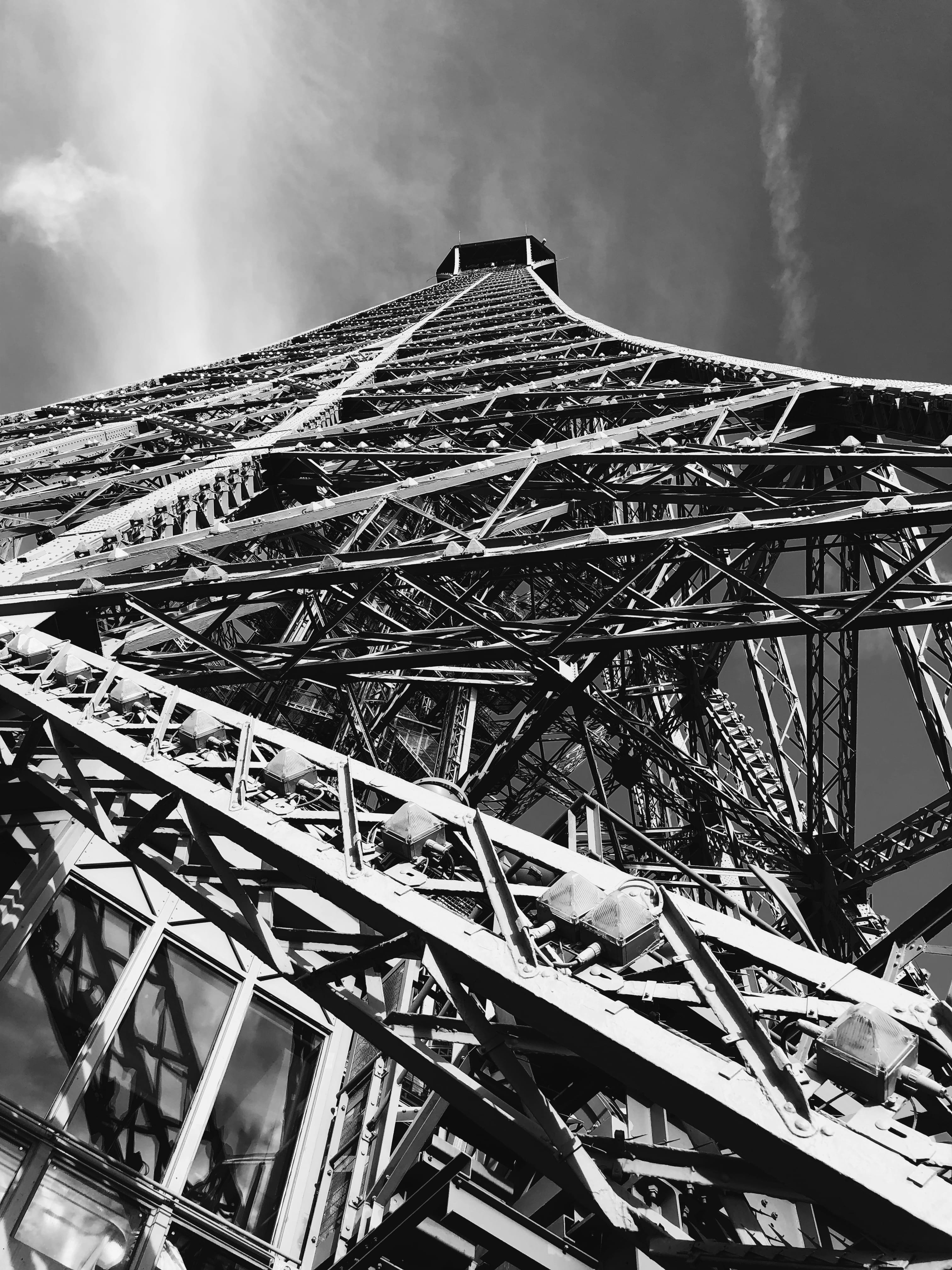 low angle view, architecture, built structure, travel destinations, france, connection, rollercoaster, tower, sky, metal, tourism, cloud - sky, city, the past, Phone HD Wallpaper