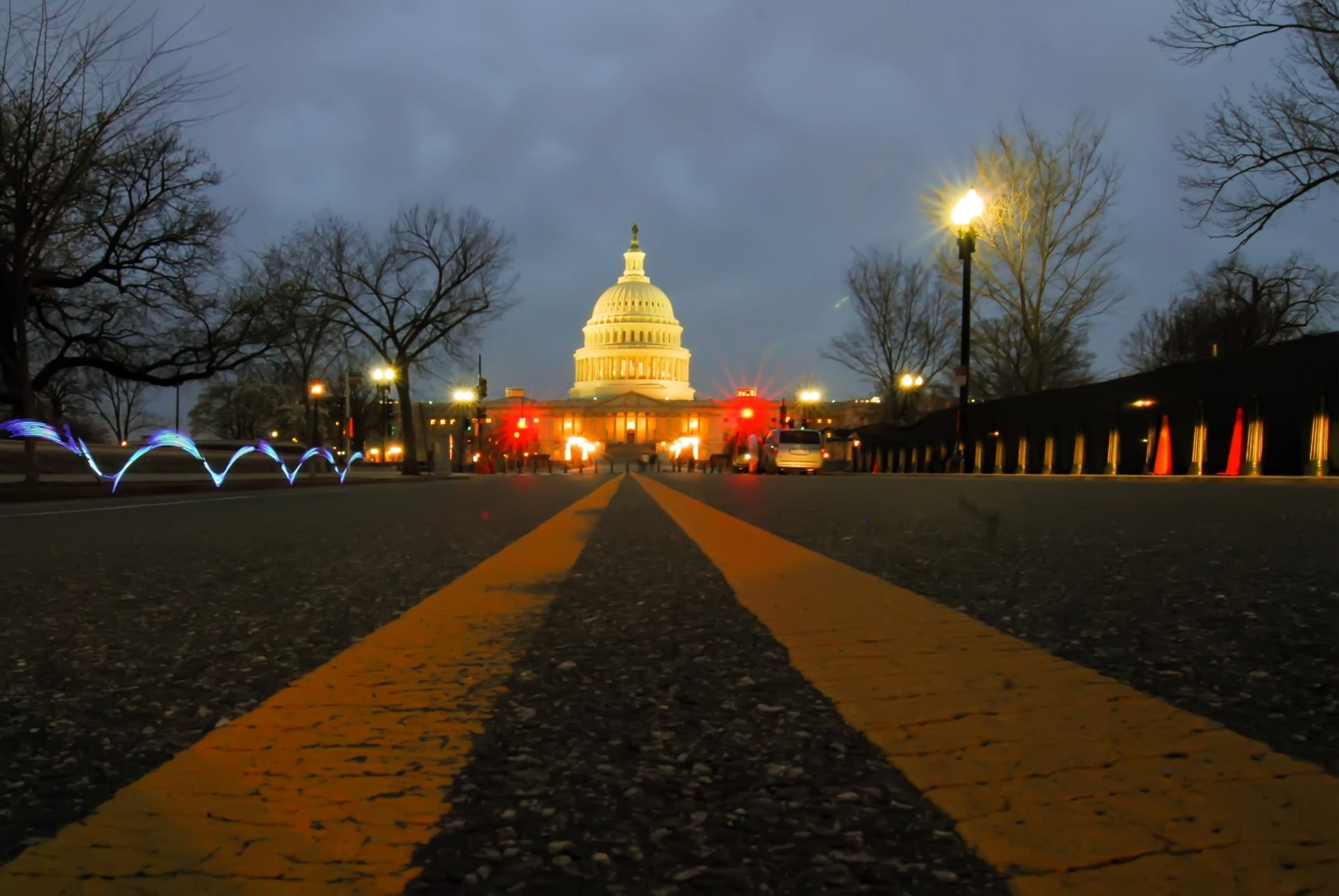 capitol, dusk, evening, capitol hill, district, historic, capital, street light, facade, the way forward, built structure, dark, diminishing perspective, HD Wallpaper