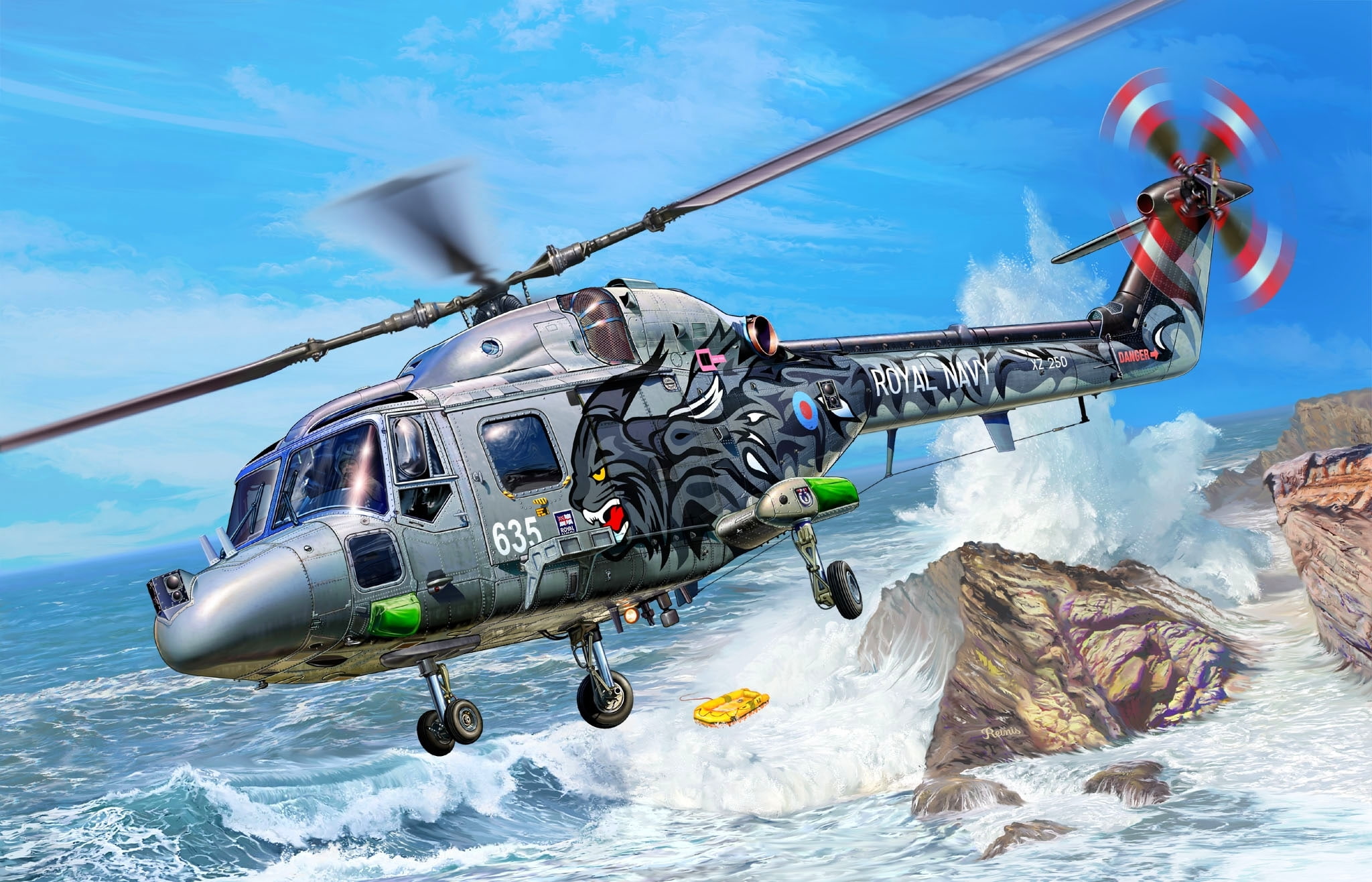 Westland Lynx, helicopter, rocks, boat, wave, figure, The Royal Navy, 1080P, multipurpose, Michal Reinis, British, HAS.3, HD Wallpaper