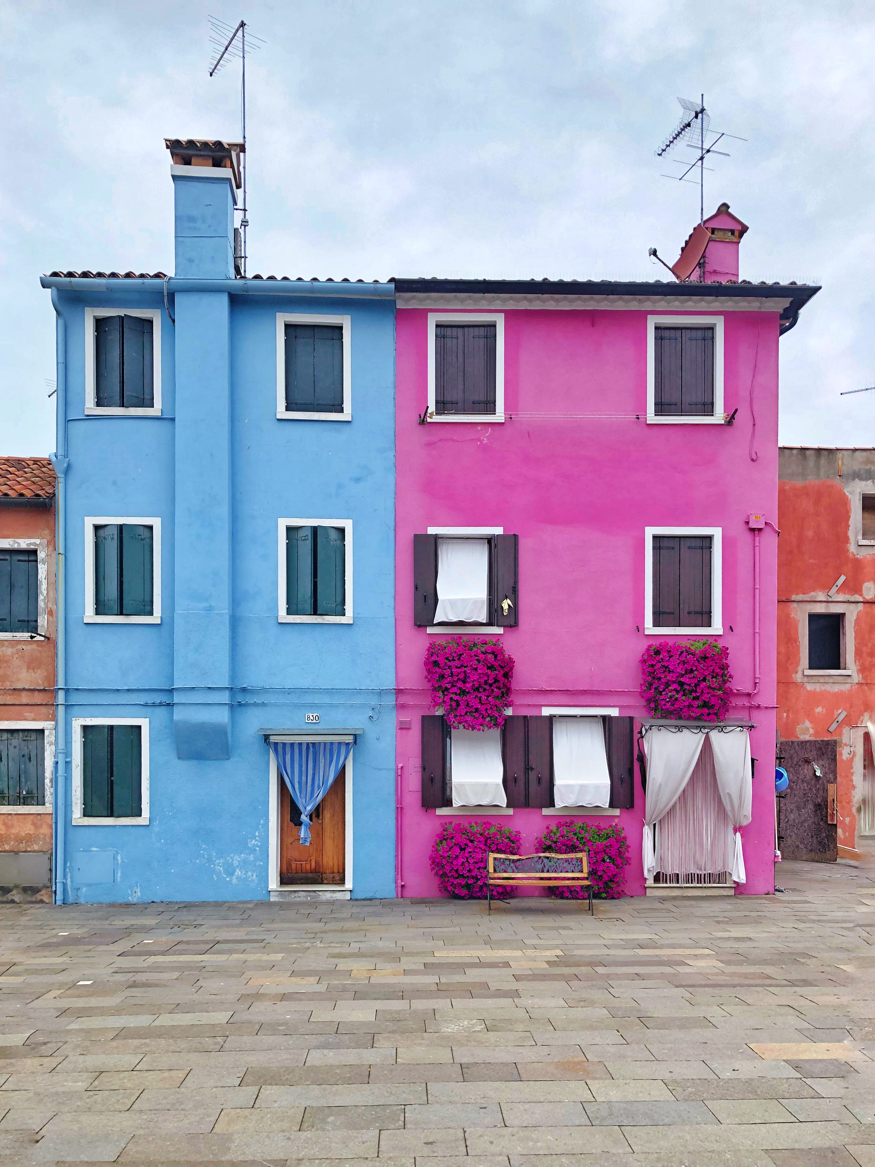 architecture, window, sky, day, blue, two, no people, nature, residential district, pink color, 4K, entrance, house, street, door, purple, building exterior, Phone HD Wallpaper