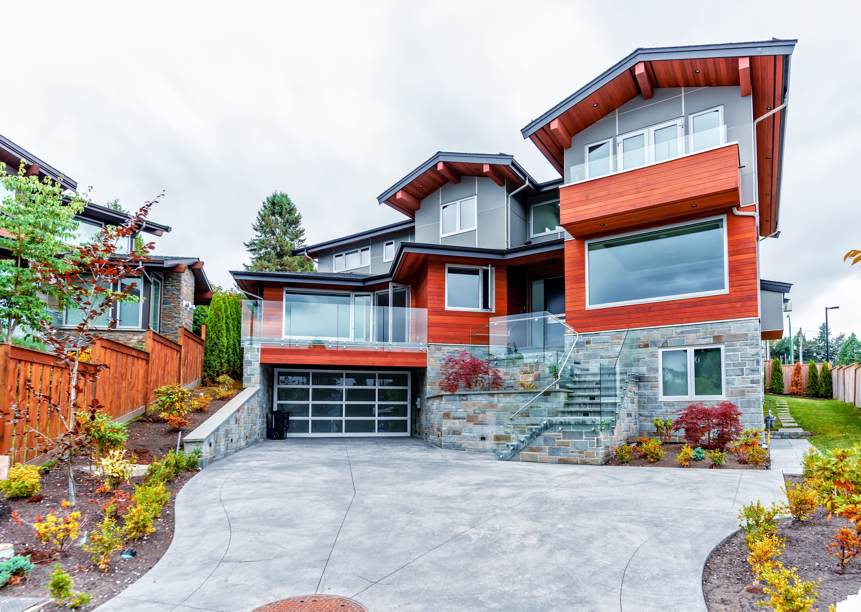 building exterior, fence, day, plant, building, two, estate, housing development, summer, red, garage, property, steps, grass, residential district, home, HD Wallpaper