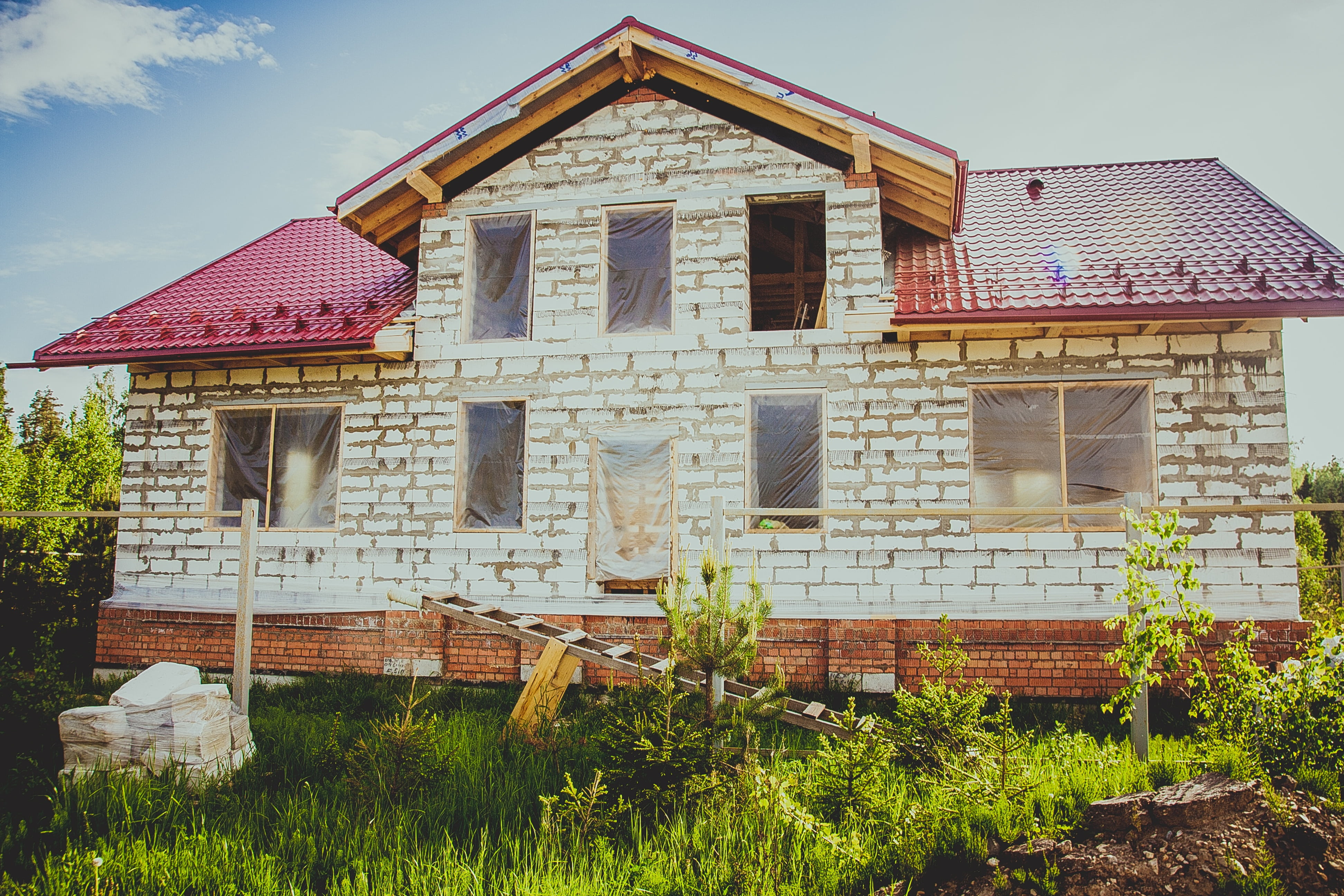 home construction, day, nature, architecture, sky, grass, 4K, wood - material, residential district, construction, the façade of the, building exterior, HD Wallpaper