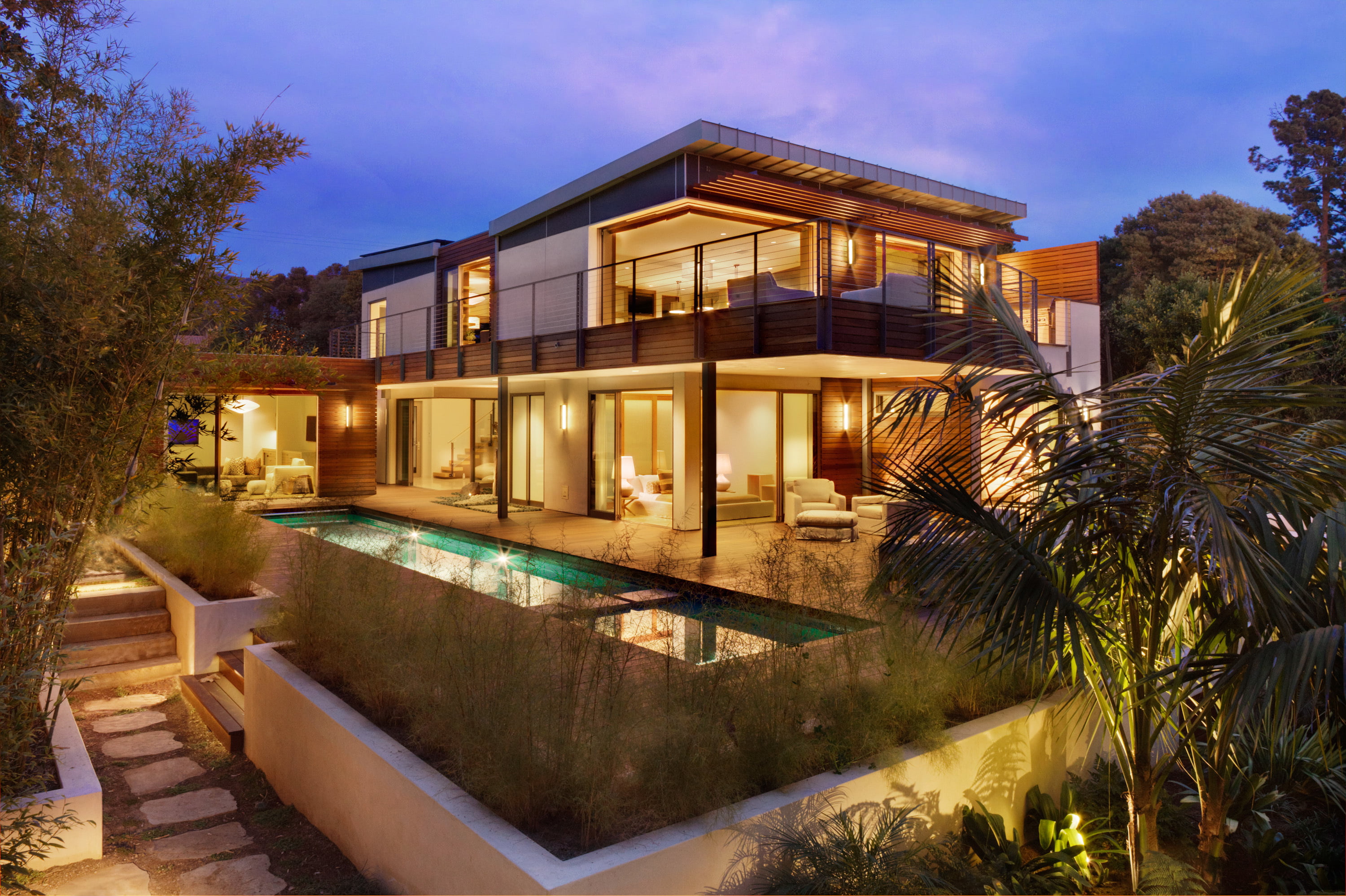 two, architecture, sofa, tree, exterior, TV, building exterior, home ownership, window, illuminated, concrete, 2K, luxury, black, wealth, Villa, built structure, HD Wallpaper