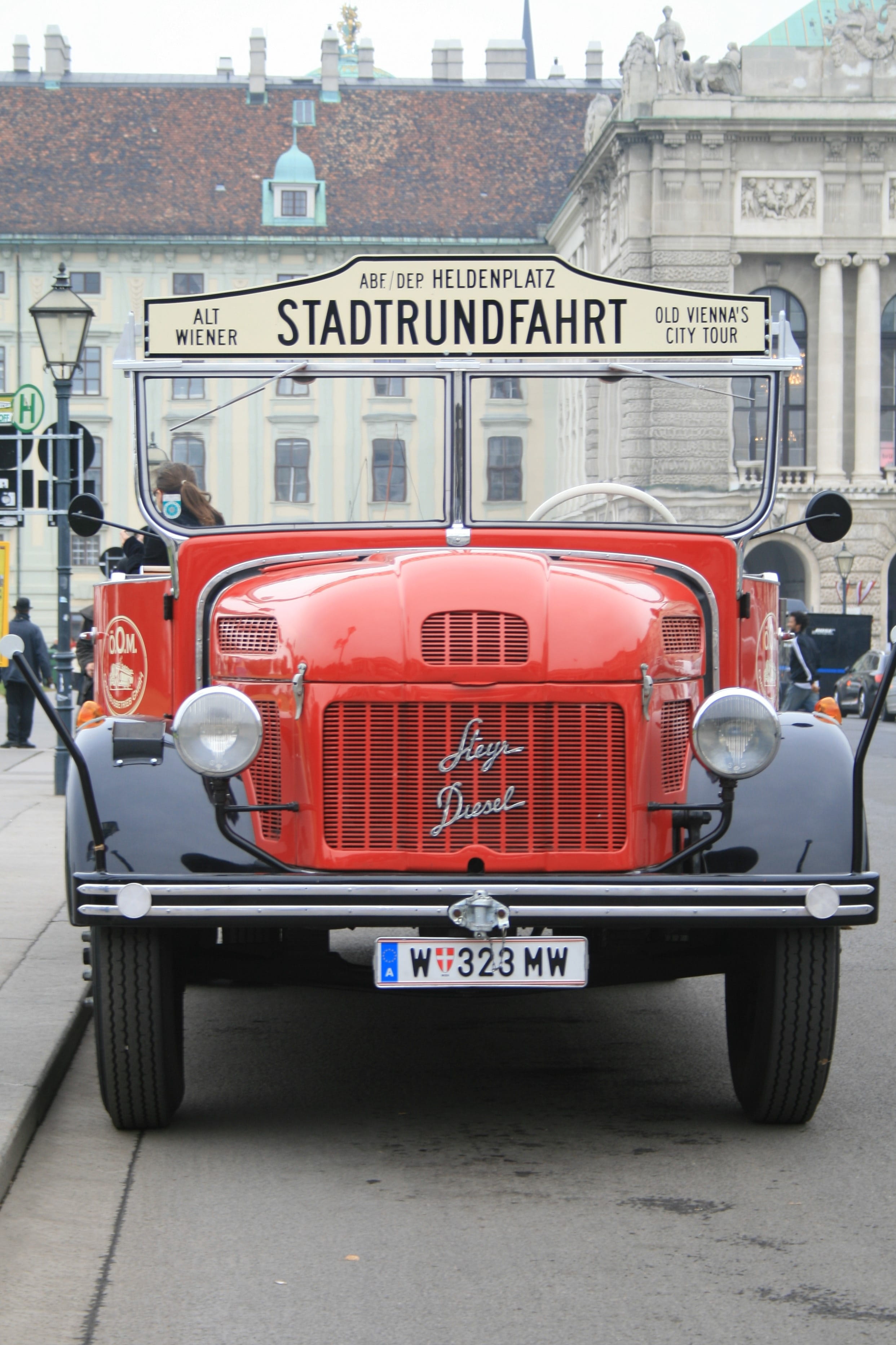 street, building exterior, car, city, no people, land vehicle, city tour, day, architecture, outdoors, a vintage bus, mode of transportation, text, red, Phone HD Wallpaper