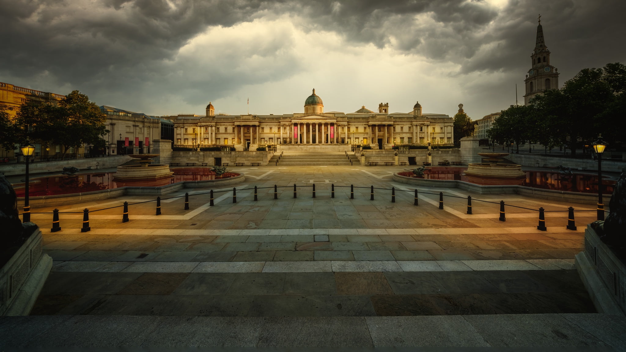 the city, Museum, England, Trafalgar square, fountains, 1080P, clouds, UK, building, London, the national gallery, HD Wallpaper