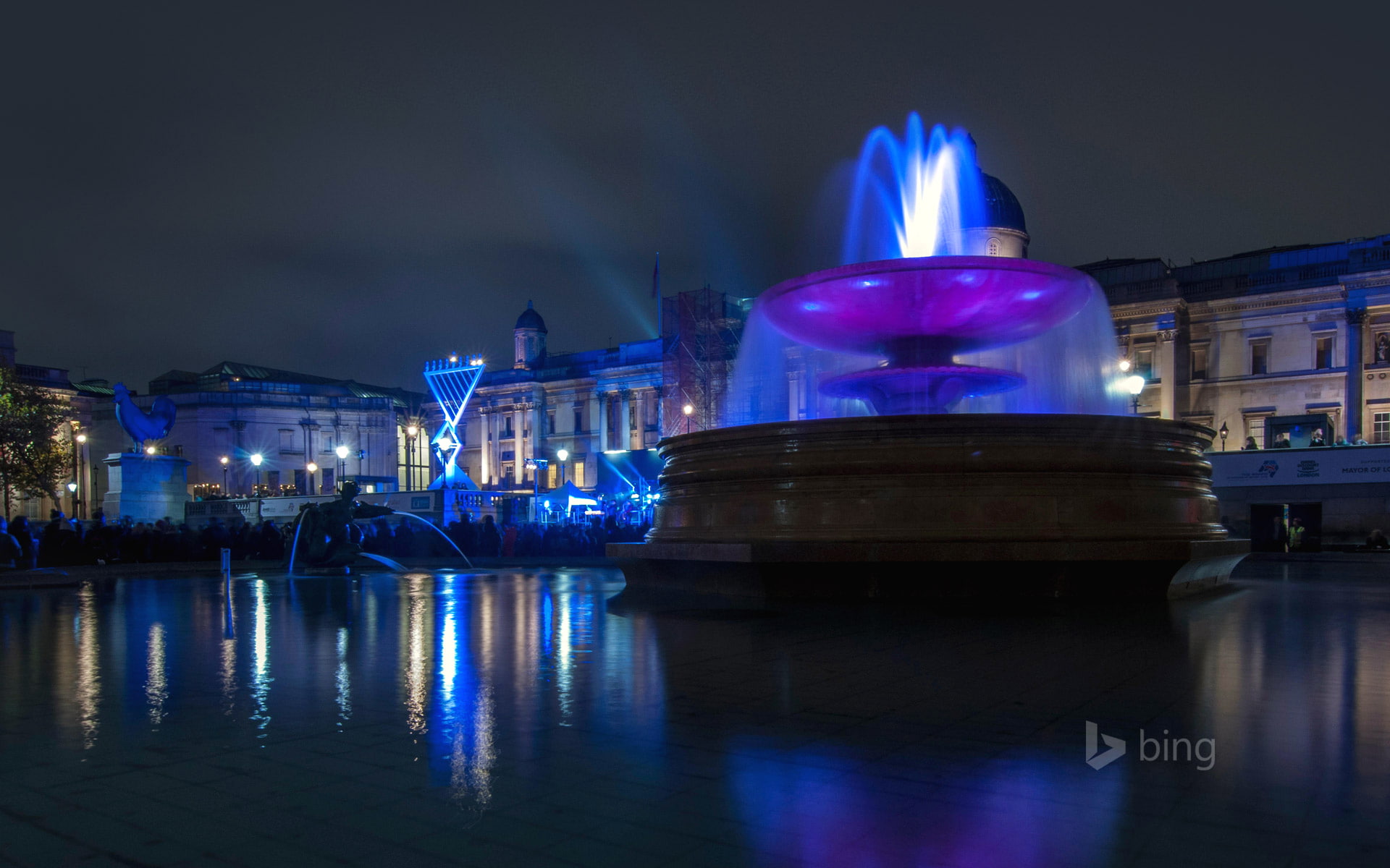 menorah, lights, London, night, 1080P, England, fountain, Trafalgar square, HD Wallpaper