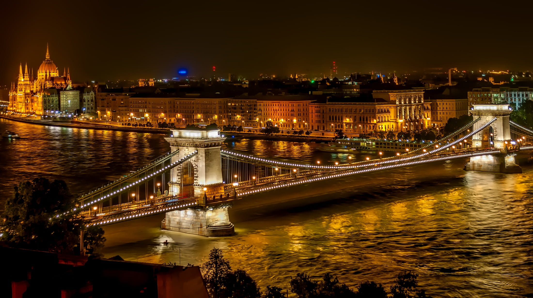 urban, panorama, travel destinations, connection, travel, illuminated, night, photo, szechenyi chain bridge, 1080P, chain bridge, budapest, water, architecture, HD Wallpaper