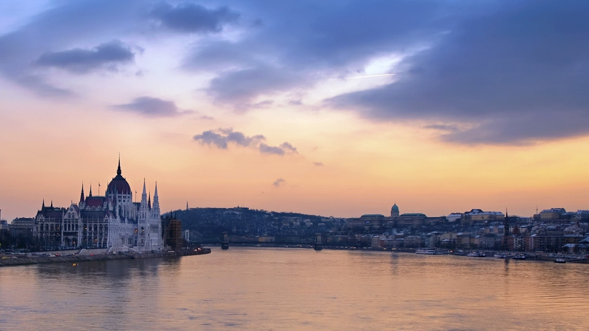 night, budapest, cityscape, sunset, tourism, church, famous Place, water, reflection, near, cloud - Sky, buildings, dusk, government, tower, built Structure, HD Wallpaper