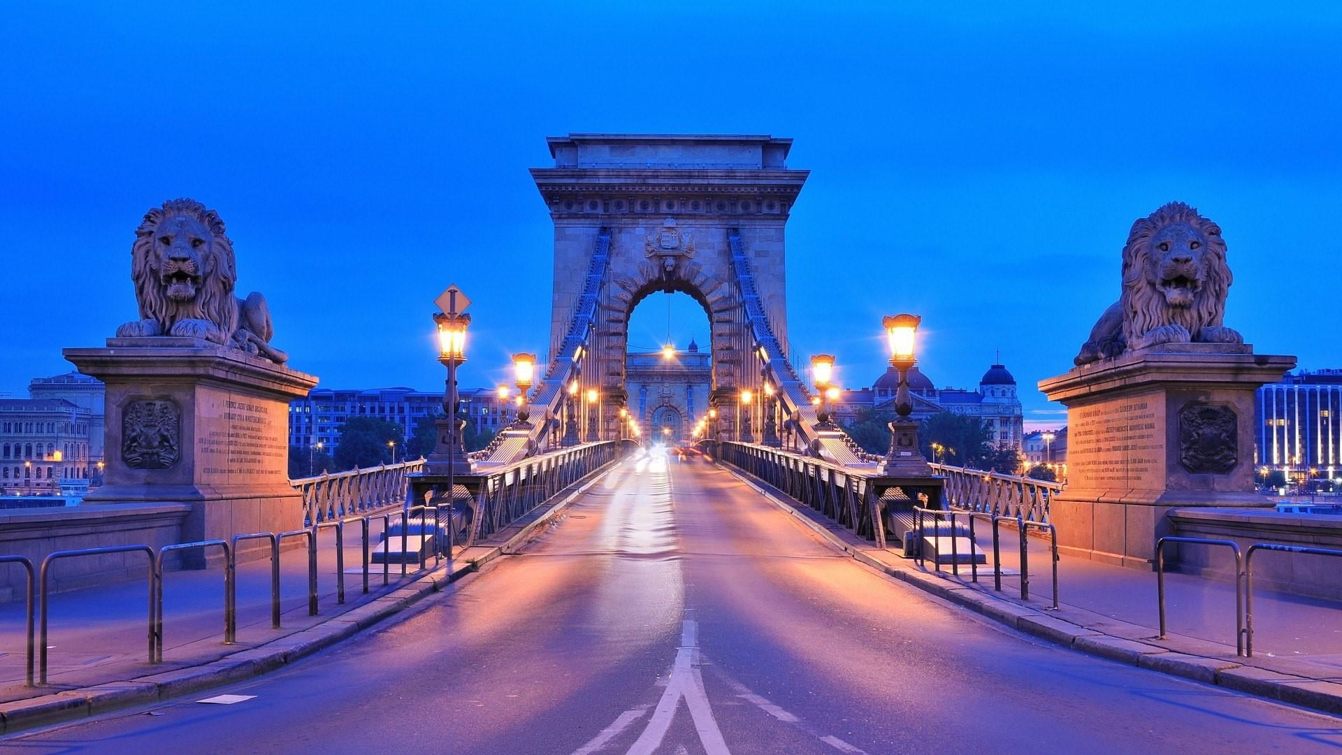 hungary, no people, arch, 1080P, night, danube, lighting, built structure, connection, bridge, blue, illuminated, evening, travel destinations, transportation, HD Wallpaper