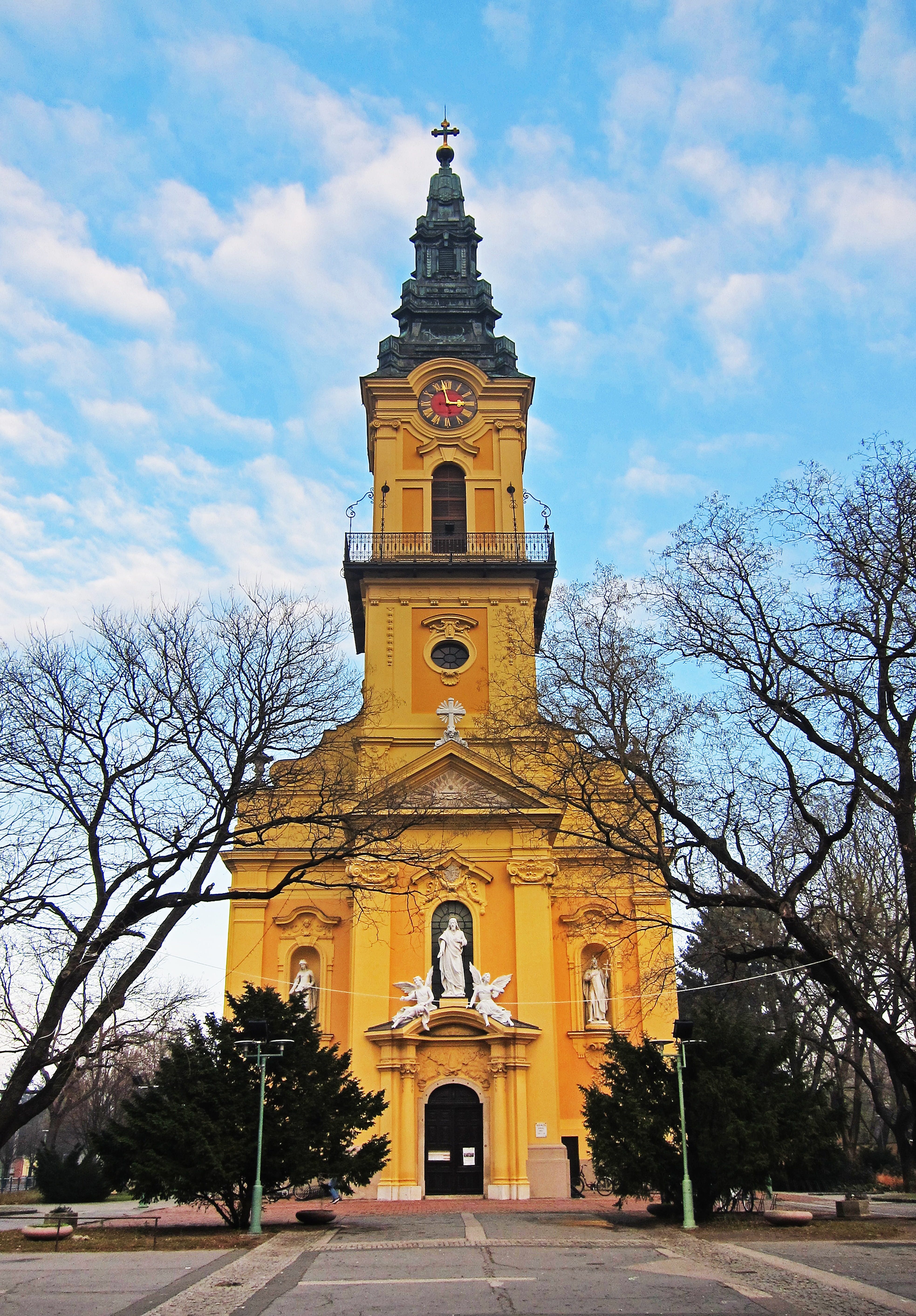 religious, building exterior, tower, architecture, clouds, building, spirituality, fall, culture, hungarian, church, blue, spire, belief, built structure, Phone HD Wallpaper