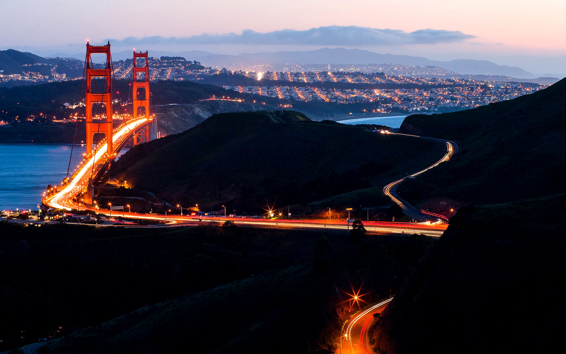 outdoors, sea, golden, high angle view, USA, cityscape, Golden Gate Bridge, dusk, motion, nature, bridge, building exterior, San Francisco, cloud - sky, HD Wallpaper