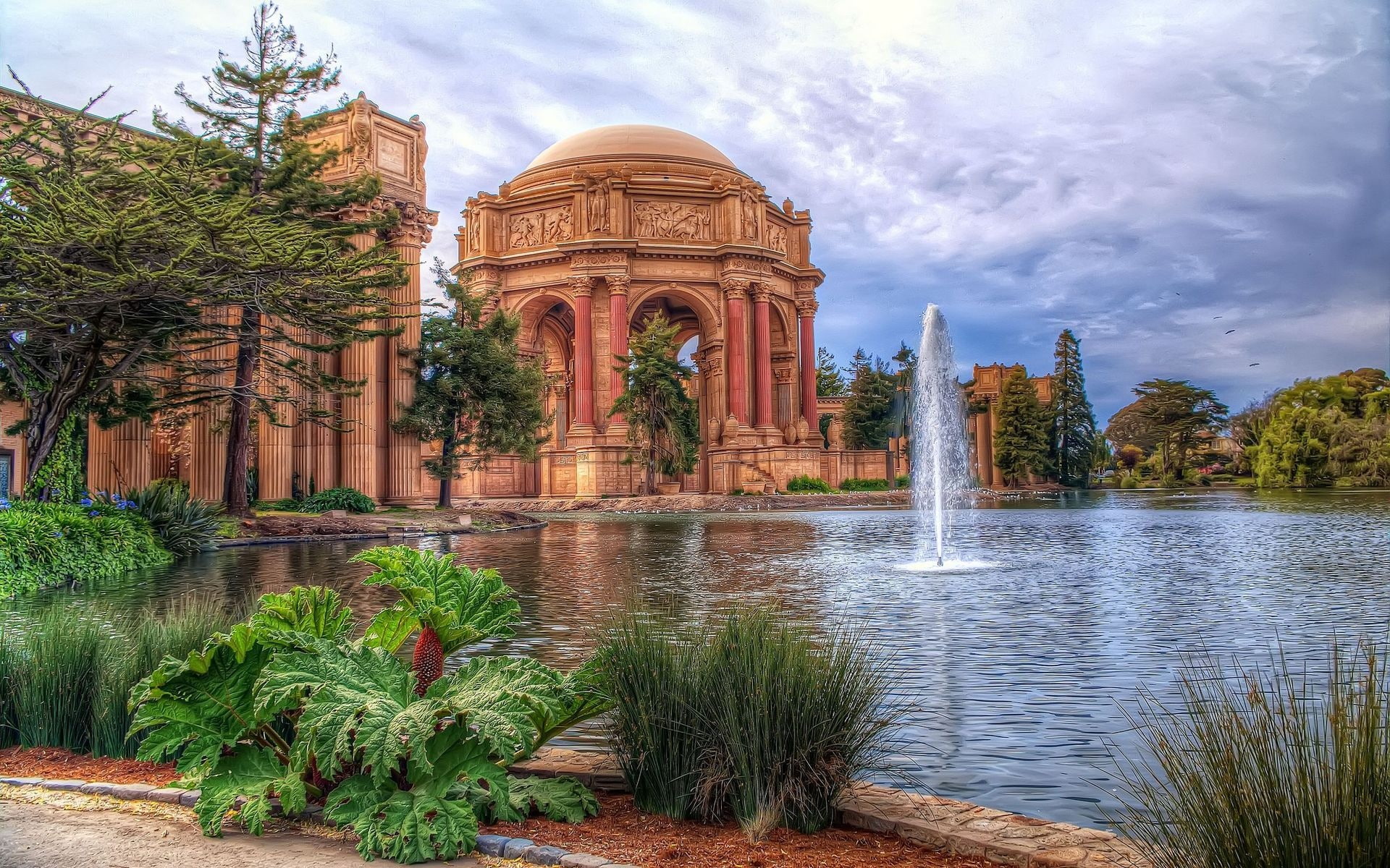 Palace, fountain, fine, Arts, Francisco, temple, trees, 1080P, surrounded, San, HD Wallpaper