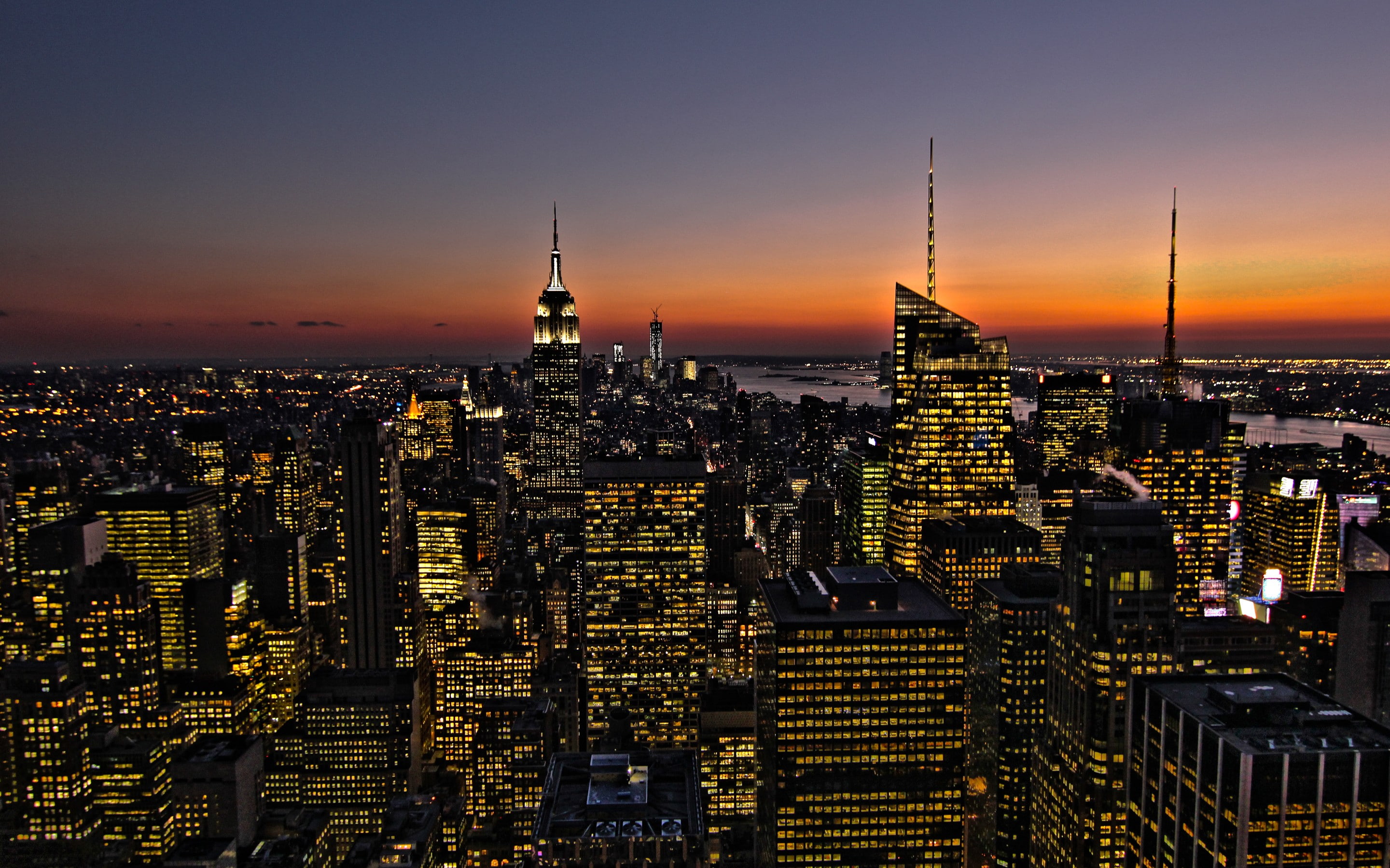 sunset, tower, illuminated, skyscraper, modern, tall - high, sky, architecture, residential district, lights, settlement, travel destinations, city, financial district, HD Wallpaper