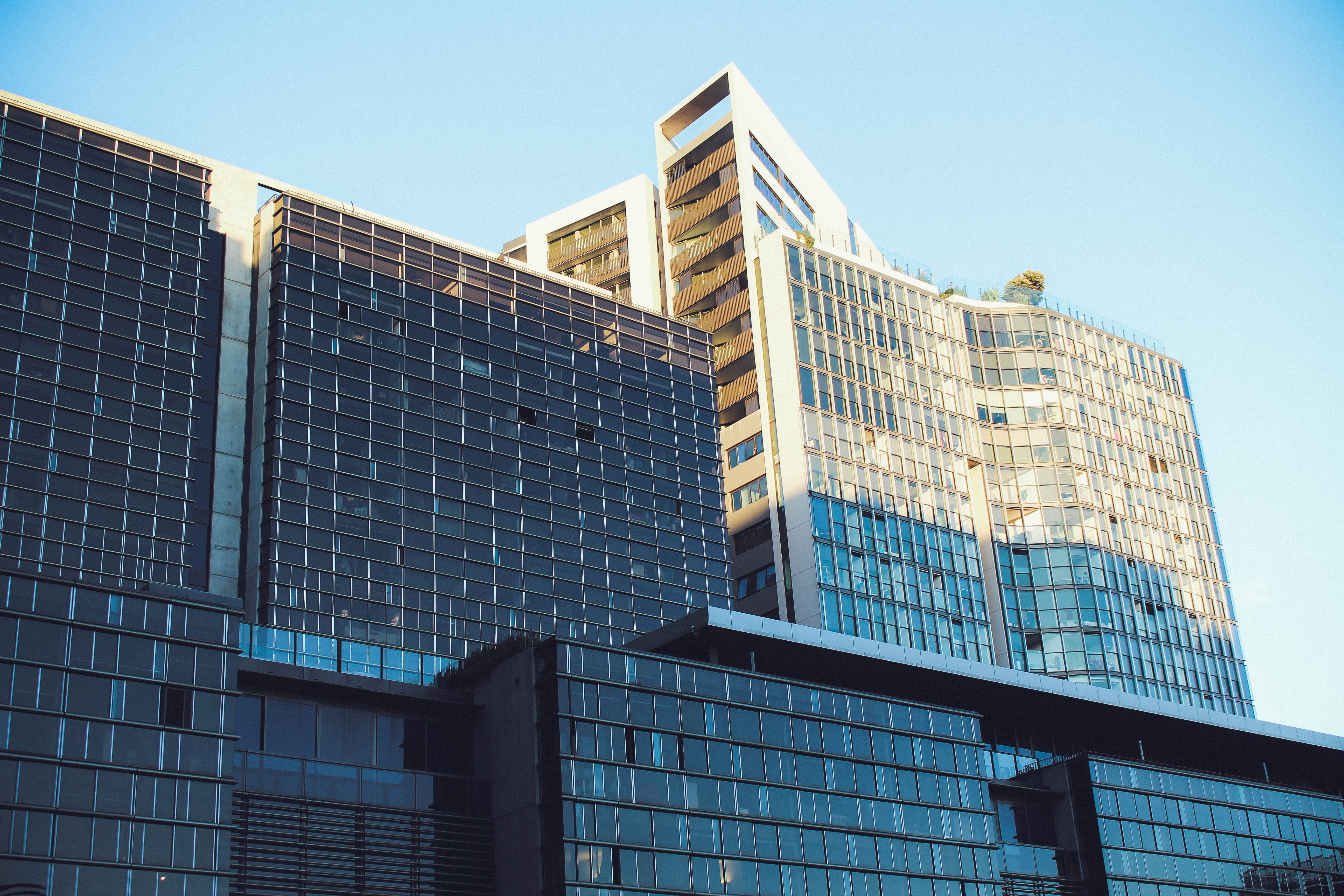 outdoors, low angle view, banister, 5K, sydney, architecture, housing, glass - material, building, blue, condo, town, office building, high rise, apartments, HD Wallpaper