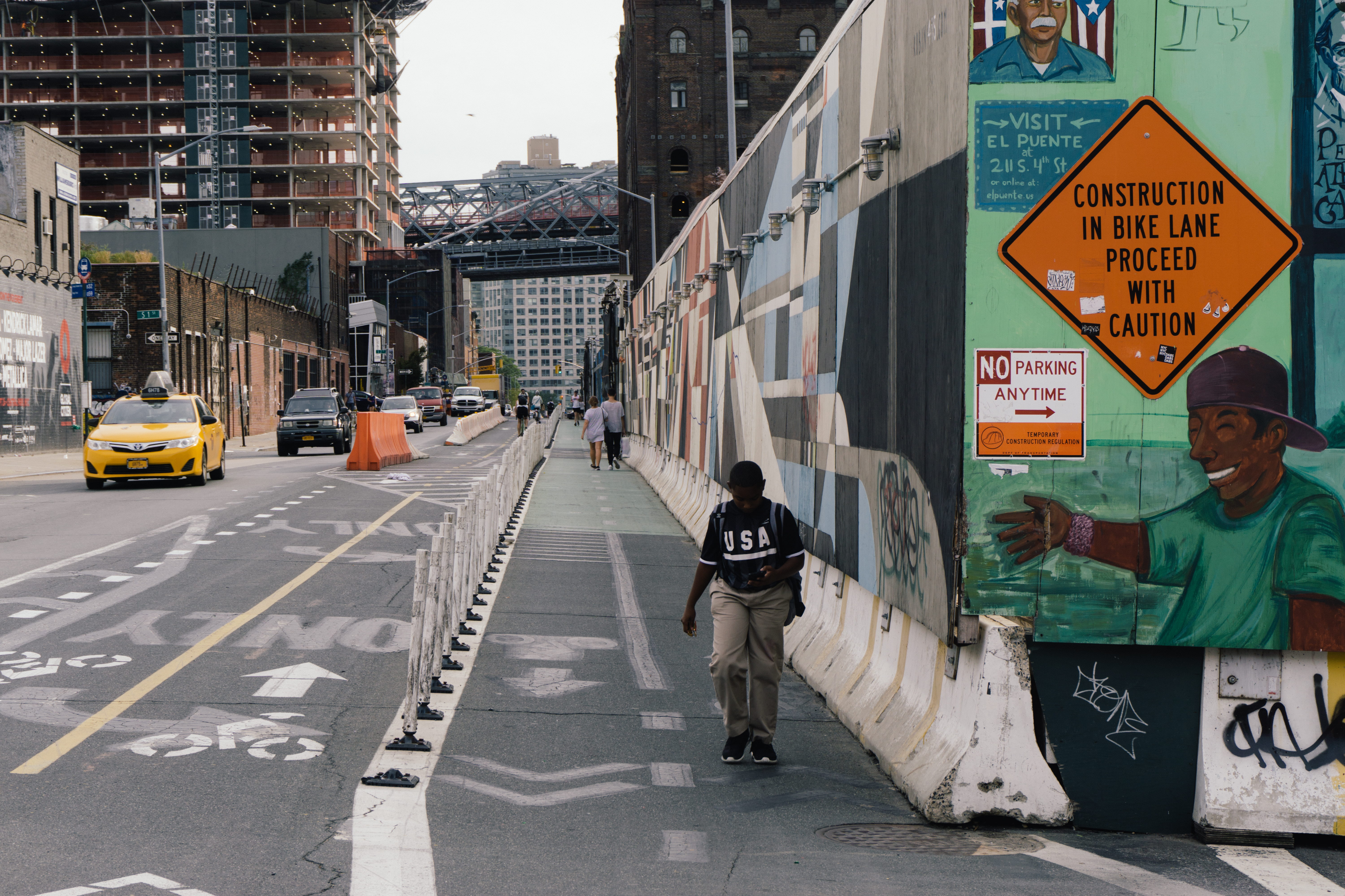 street, taxi, concrete, symbol, cab, communication, child walking, summer, sign, built structure, real people, motor vehicle, bridge, text, bike lane, city, HD Wallpaper