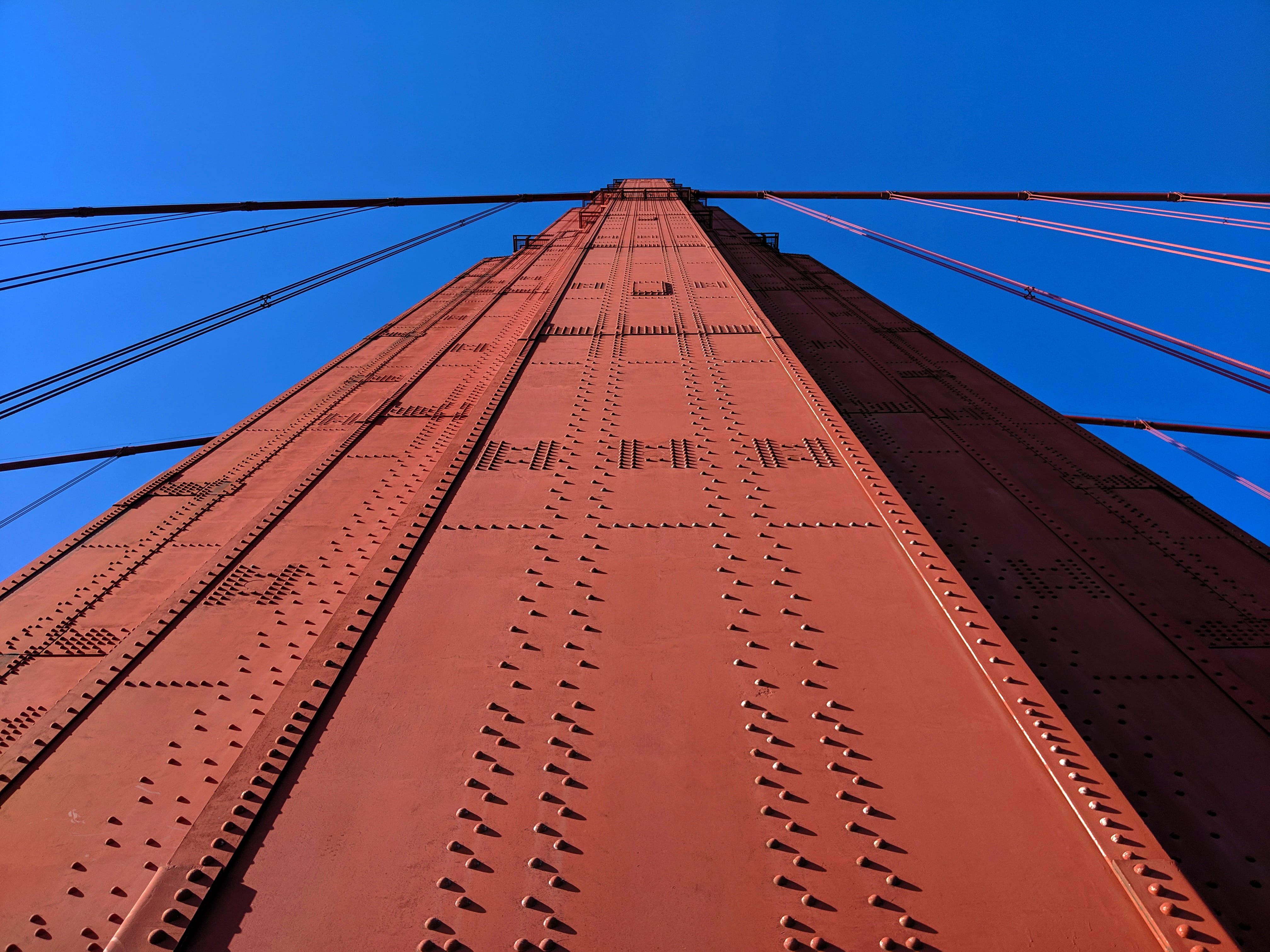 rivet, built structure, building, skyscraper, metal, connection, time, californium, blue, cable, urban, san francisco, tension bridge, teampixel, low angle view, HD Wallpaper
