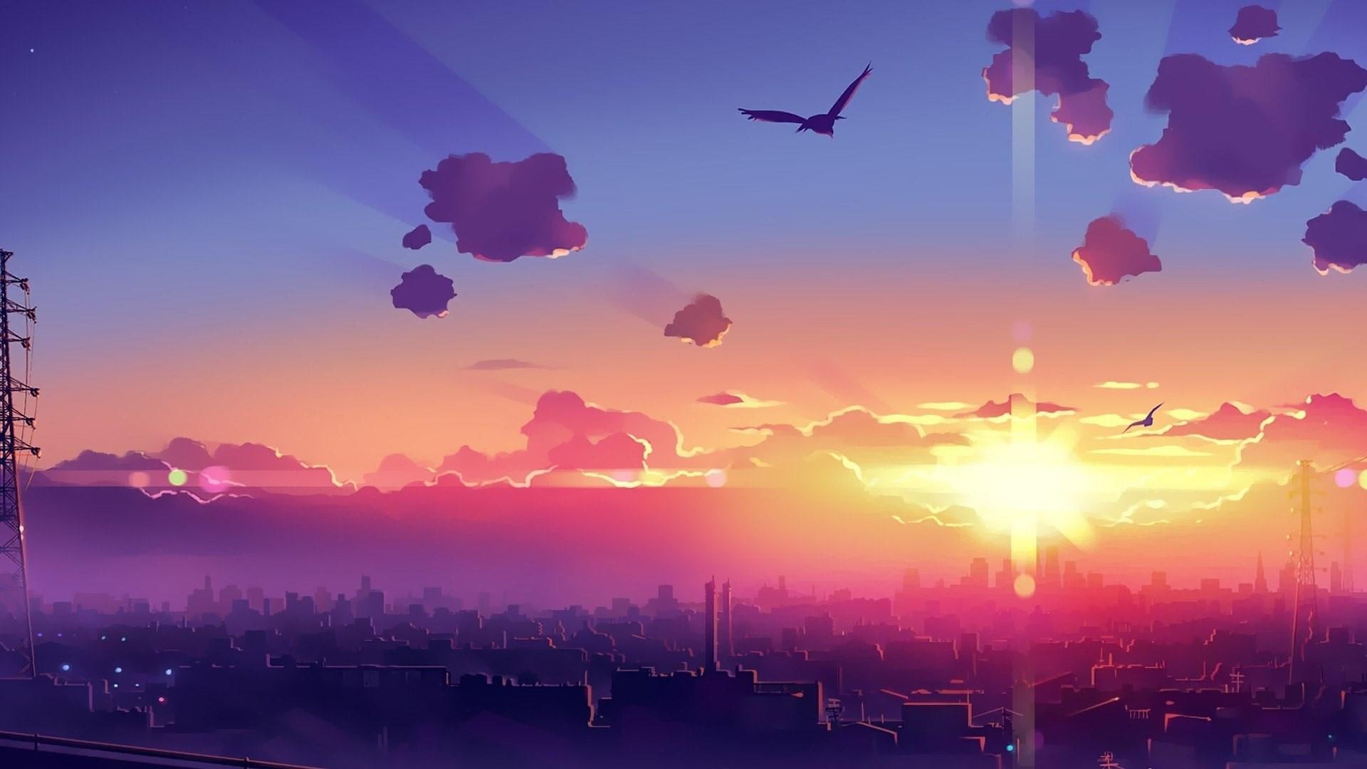 anime art, horizon, anime landscape, sun, skyline, birds, 1080P, sky, city, cloud, HD Wallpaper