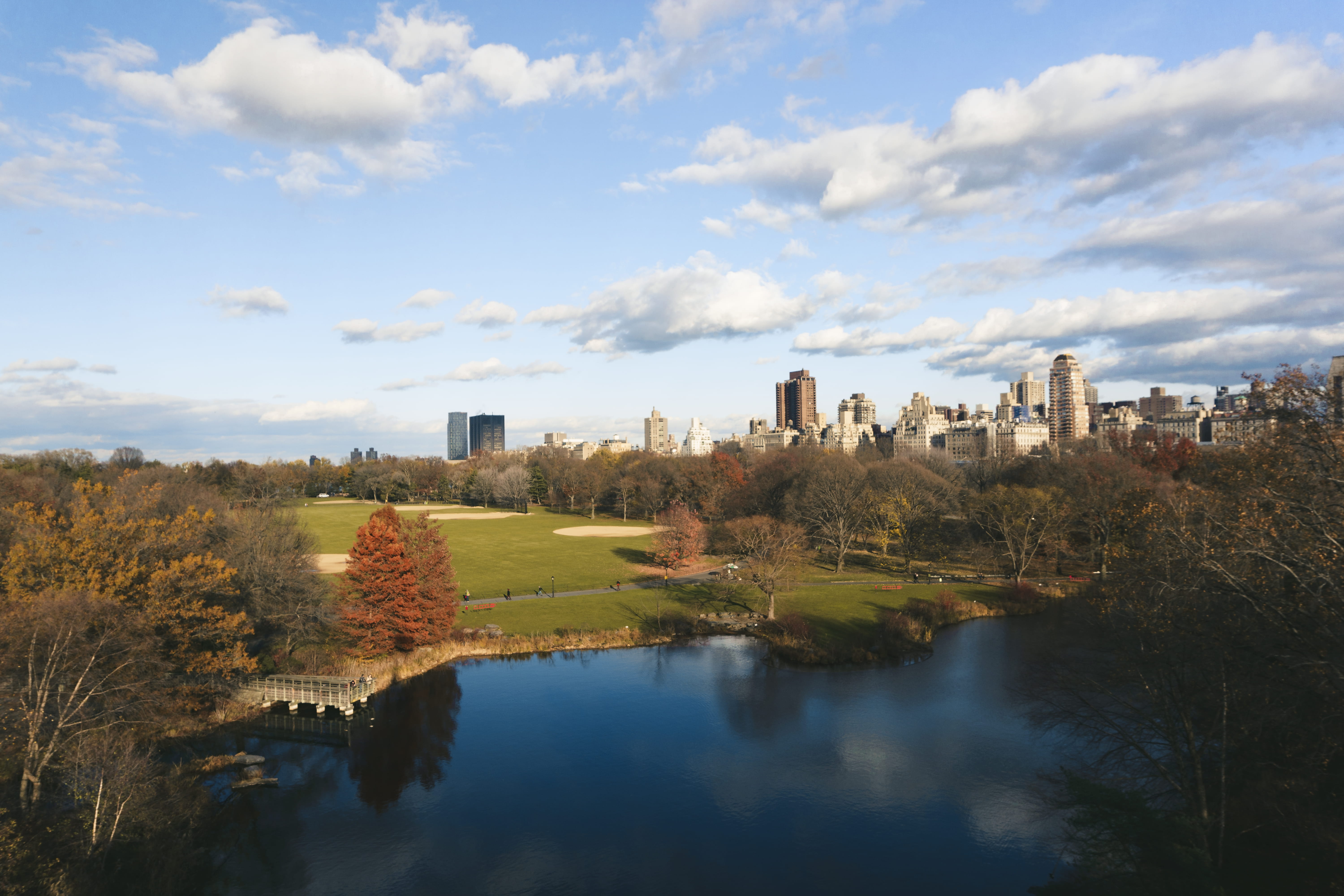 water, building, reflection, grass, built structure, park, lake, west, centralpark, day, brooklyn, skyscraper, travel destinations, parks, city, usa, field, HD Wallpaper